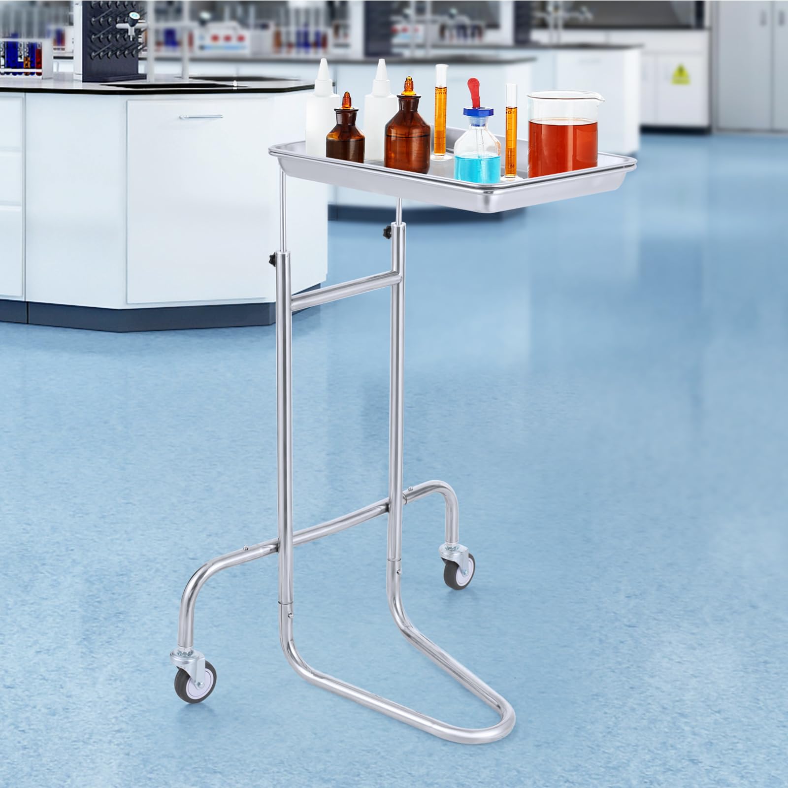 VEVOR Chariot de Laboratoire en Acier Inoxydable, Chariot Médical Mobile avec Plateau Unique, Chariot Utilitaire Hauteur Réglable, avec 2 Roues Silencieuses, pour Laboratoire, Clinique, Hôpital, Salon