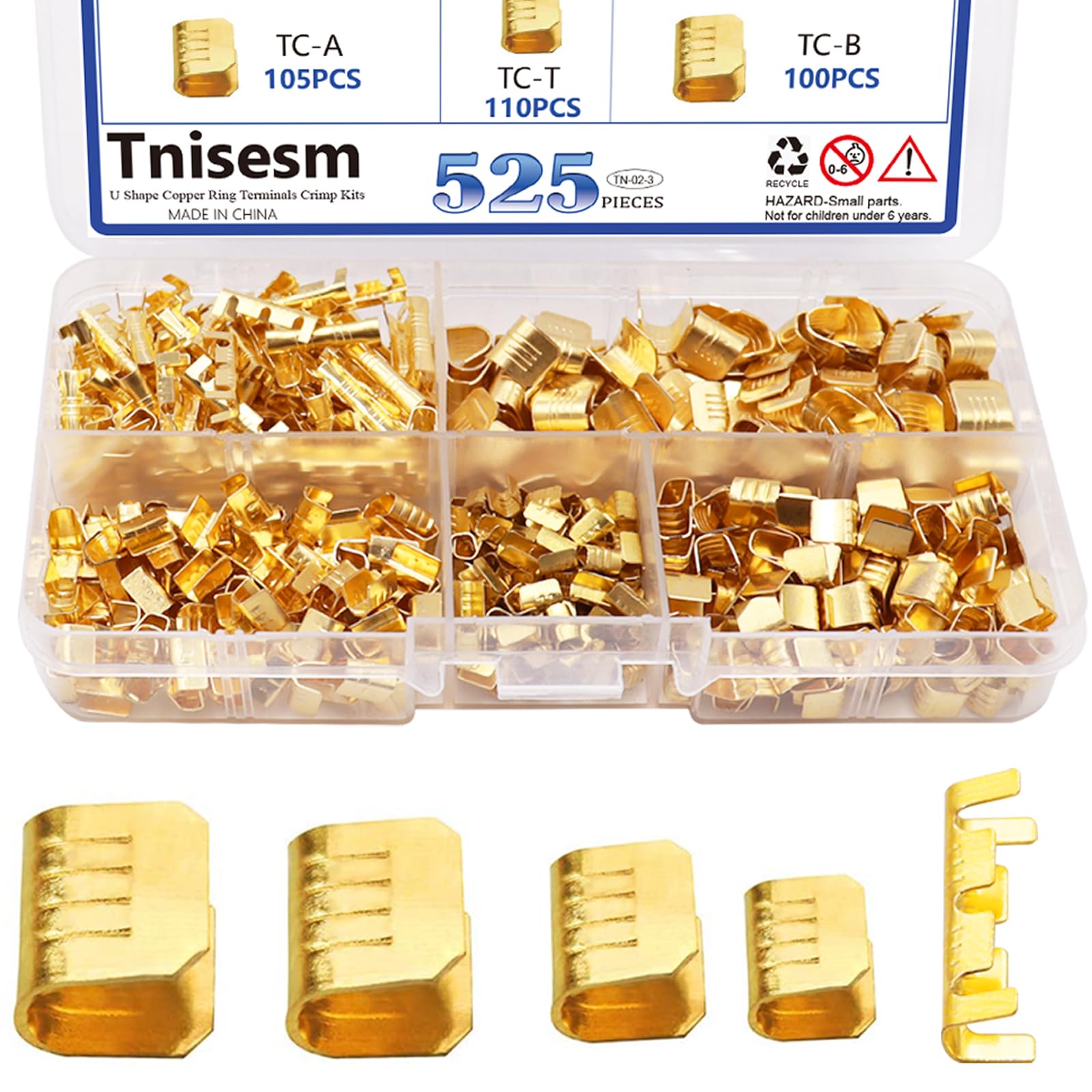 Tnisesm 525 Pcs U Shape Copper Ring Terminals Crimp Kits - Non-Insulated Assortment Cable Wire Spade Electric Butt Connector Kit Tn-02-3