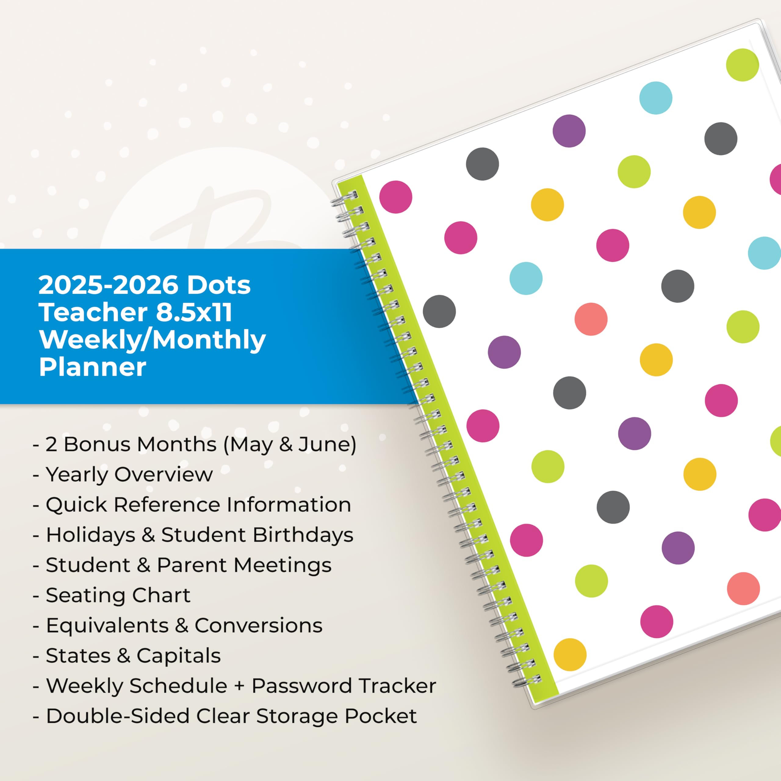 Blue Sky 2025-2026 Weekly and Monthly Academic Year Lesson Planner Kalender, Juli 2025 - Juni 2026, 8.5" x 11", Flexible Abdeckung, Wirebound, Laminated Tabs, Storage Pocket, Dots