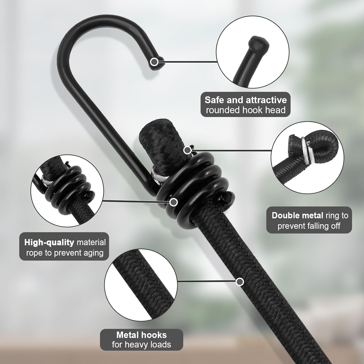 24 Inch Bungee Cords with Hooks Heavy Duty, Black Bungee Cords Heavy Duty Outdoor, Elastic Bungee Strap Wwith Hooks for Camping, Tarps, Tents, Hiking, Bike Rack, Luggage Rack, Cargo, (4 Pack)