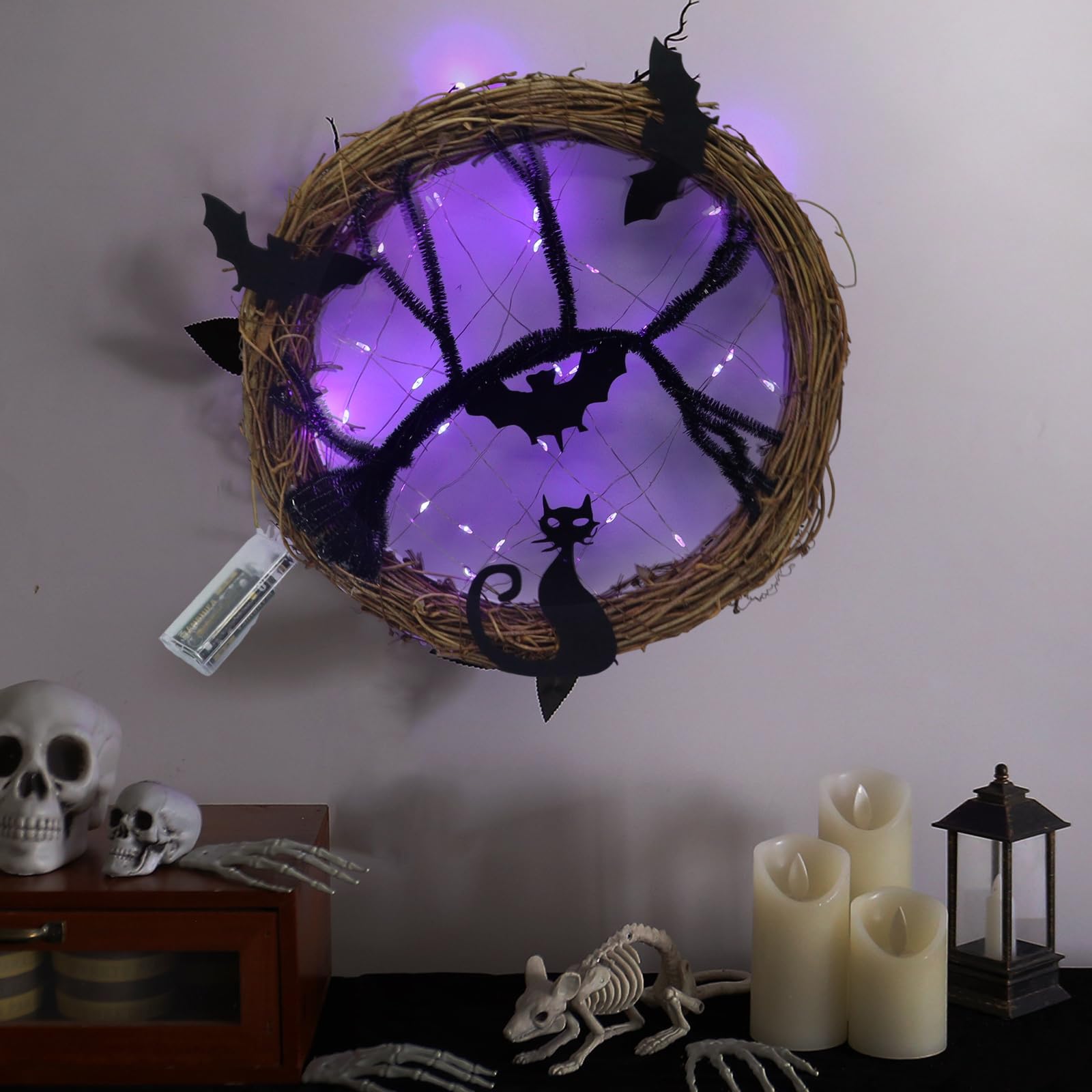 Couronne D'Halloween Avec Lumières LED Violettes - 30 Cm, Chauves-souris Et Chat, Pour Porte Ou Mur - 5
