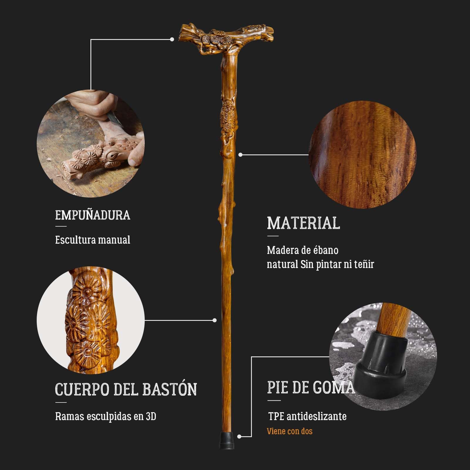 Bastón de Madera Tallado a Mano para Hombre y Mujer, con función de Masaje, soporta hasta 226 kg, Bastones de para Personas Mayores, Adecuado para Regalar (Ramas de árbol)
