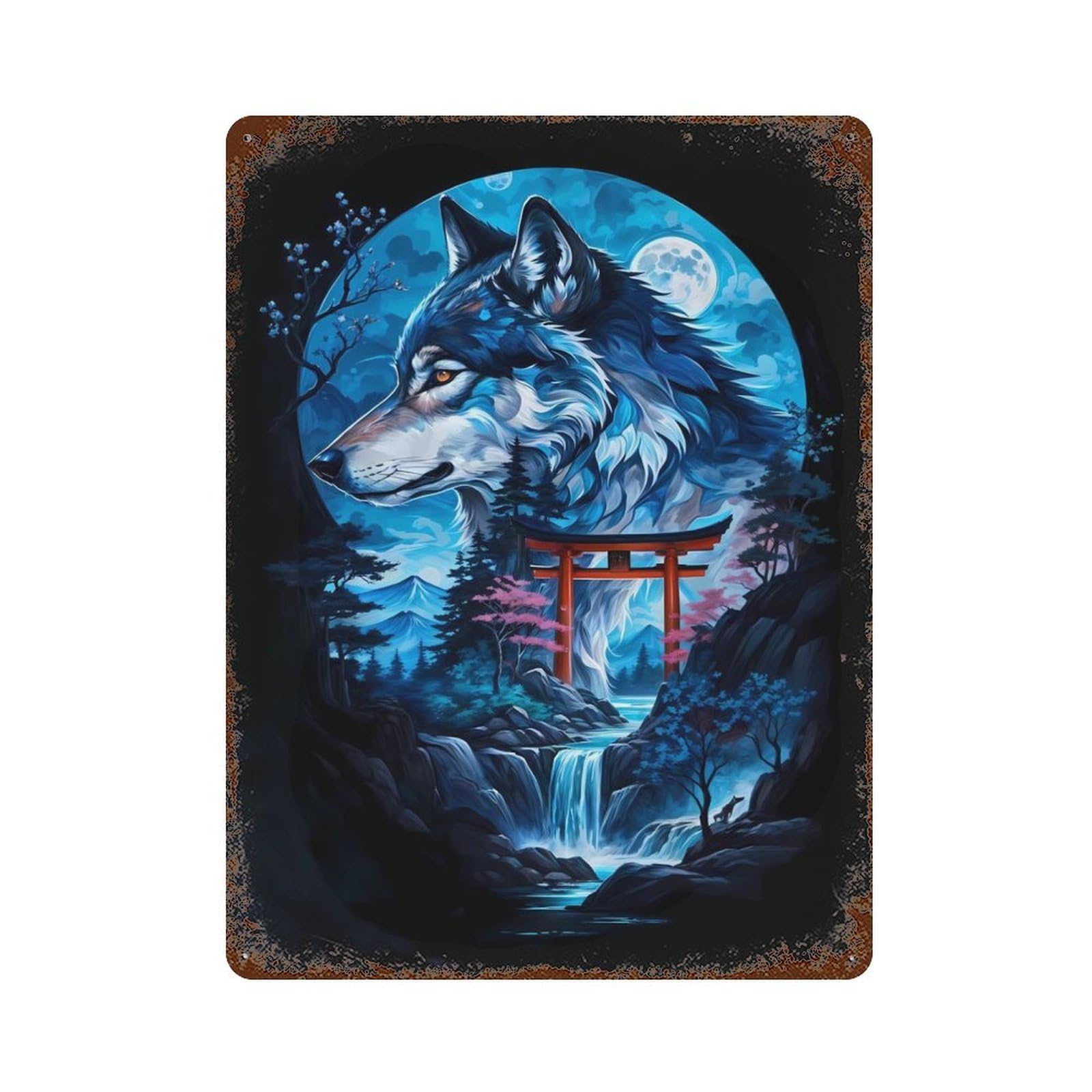 Rustic Tin Plaque Wolf Silhouette Torii Gate 15.7"x11.8", Retro Wall Decor for Shed, Workshop And Garage Wall Decor