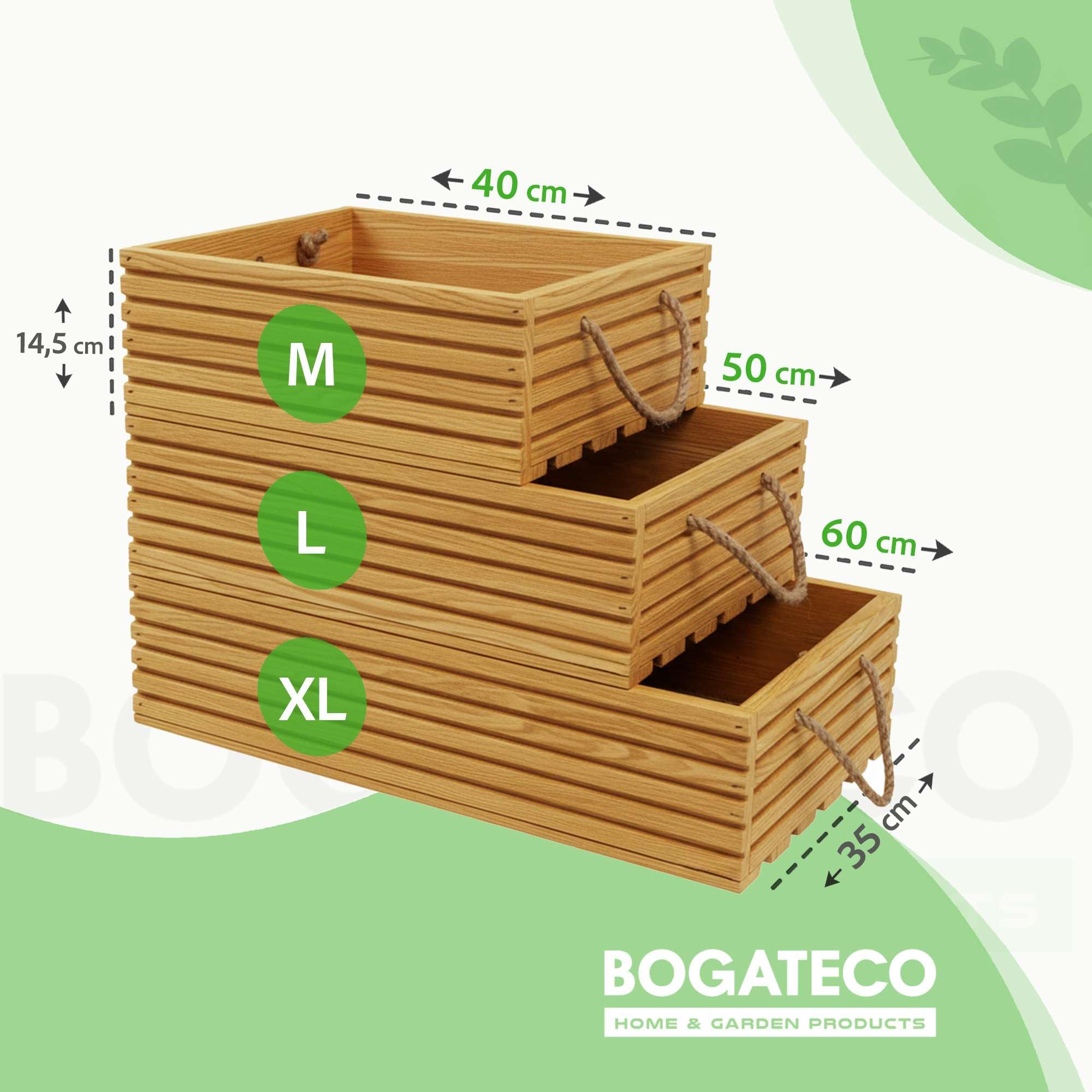 BOGATECO Houten kist naturel, 50 cm x 35 cm x 14,5 cm, decoratieve houten kist, fruitkist, groentekist, houten kist voor opslag, opbergdoos, kist