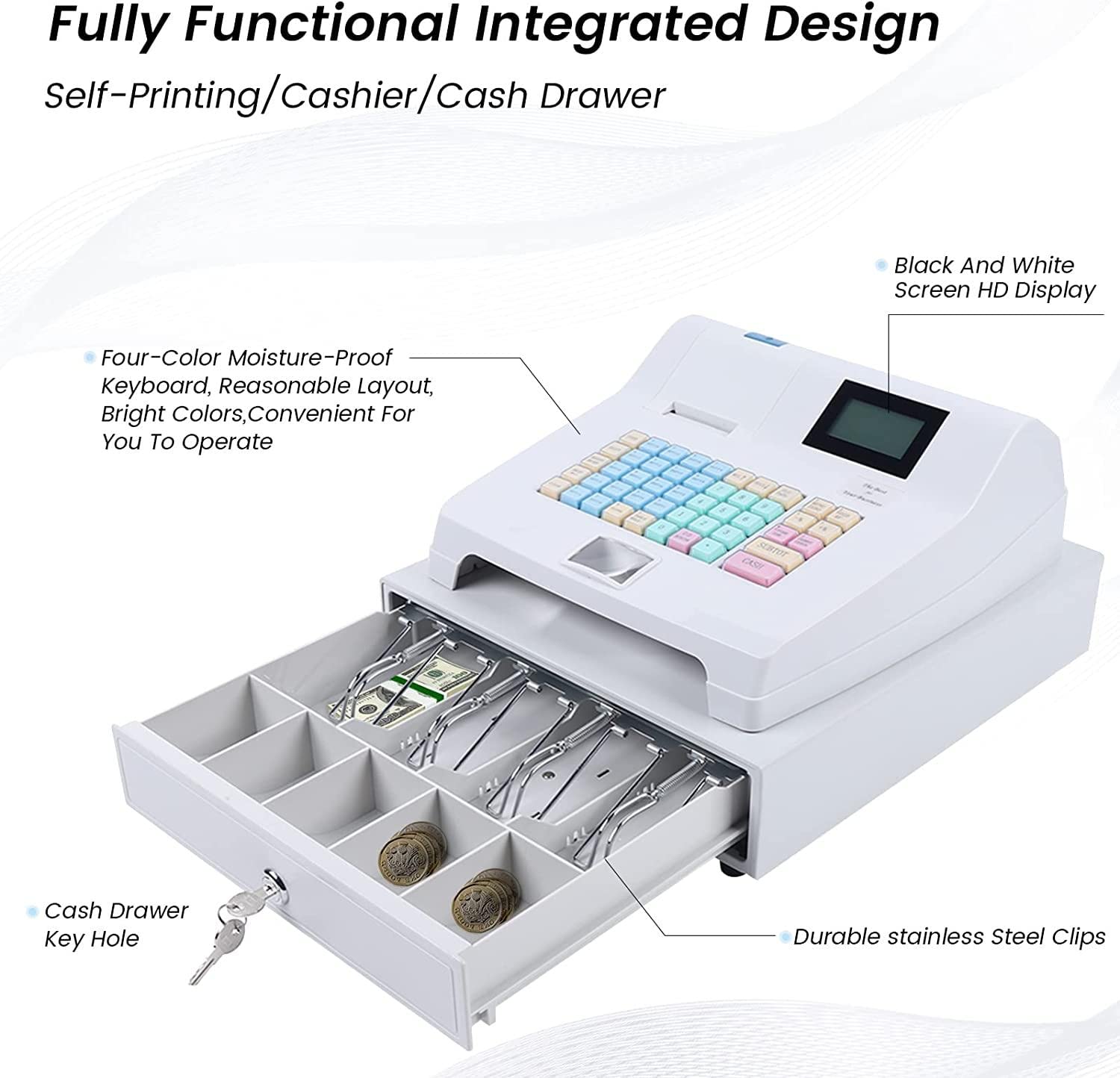 BLANKX Caja registradora para pequeñas Empresas, Restaurante, minorista, Cash Register electrónica Comercial de 48 Teclas con cajón, Teclado Plano e Impresora térmica