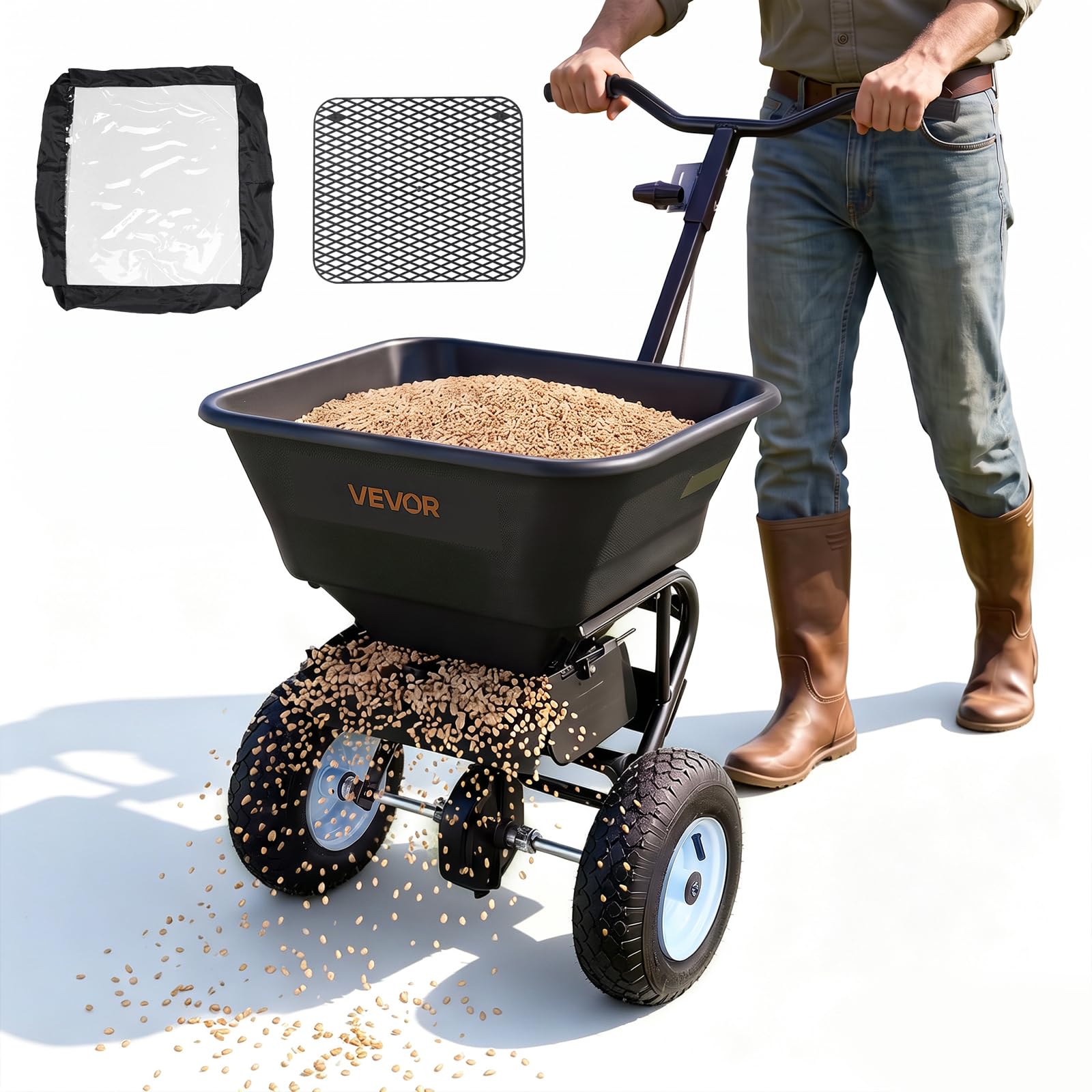 VEVOR Broadcast Spreader 100 LBS Capacity Walk-Behind Push Spreader Black