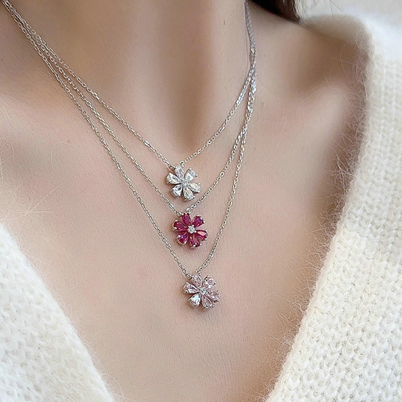 Collar de oro blanco 585 para mujer, cadena de 45 cm, colgante de flor con forma de pera, rubí de zafiro rosa y diamante, joyería de oro blanco de 14 quilates para ella