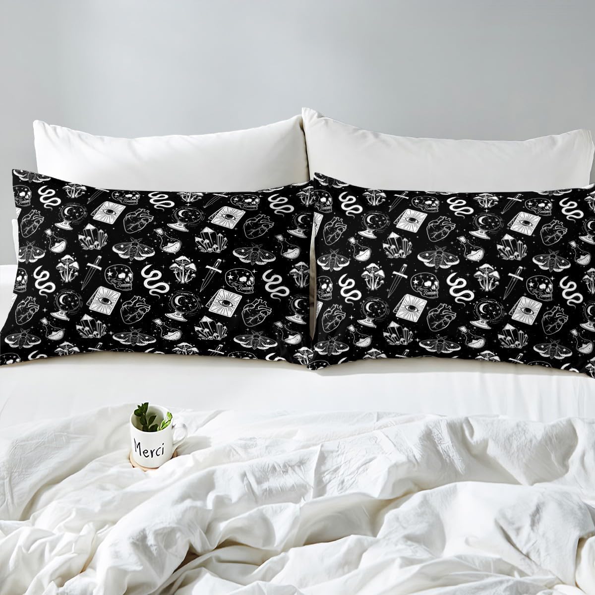 Gothic Skull Bedding Set King Size for Woman Men,Skull Skeleton Hippie Mushroom Plant Comforter Cover with 2 Pillowcases,Moth Stars Shiny Galaxy Halloween Duvet Cover Set Microfiber Quilt Cover