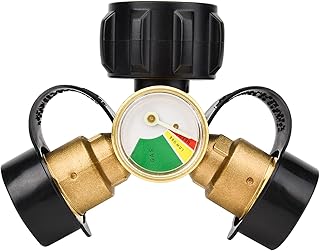 Onlyflame Propane Y Splitter Adapter – Propane Tank Adapter 2 Way Valve with Gauge and Shut-Off Valve - LP Gas Adapter Tee Connector for Heaters, BBQ Grills, Camping Stoves, Gas Burners