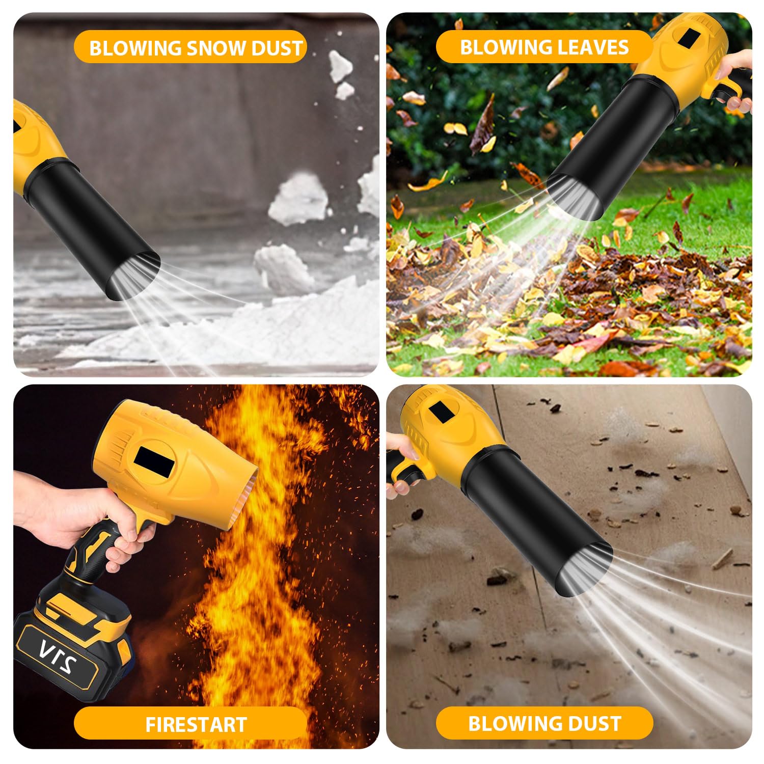 Soplador eléctrico turbo de 3000 W, con 2 baterías, motor sin escobillas, 30.000 rpm, soplador de polvo eléctrico, soplador de aire para hojas, nieve y polvo, ajustable sin niveles (amarillo)
