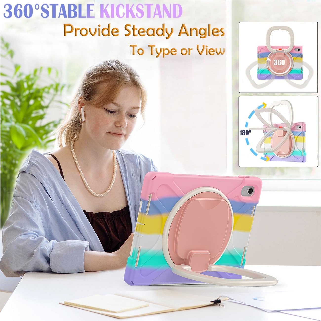 for iPad (A16) 11th/10th Generation Case 2025/2022 (11″/10.9″),Heavy Sturdy Shockproof Kids Case with Screen Protector,Rotating Stand/Pencil Holder/Shoulder Strap (Colourful Pink)