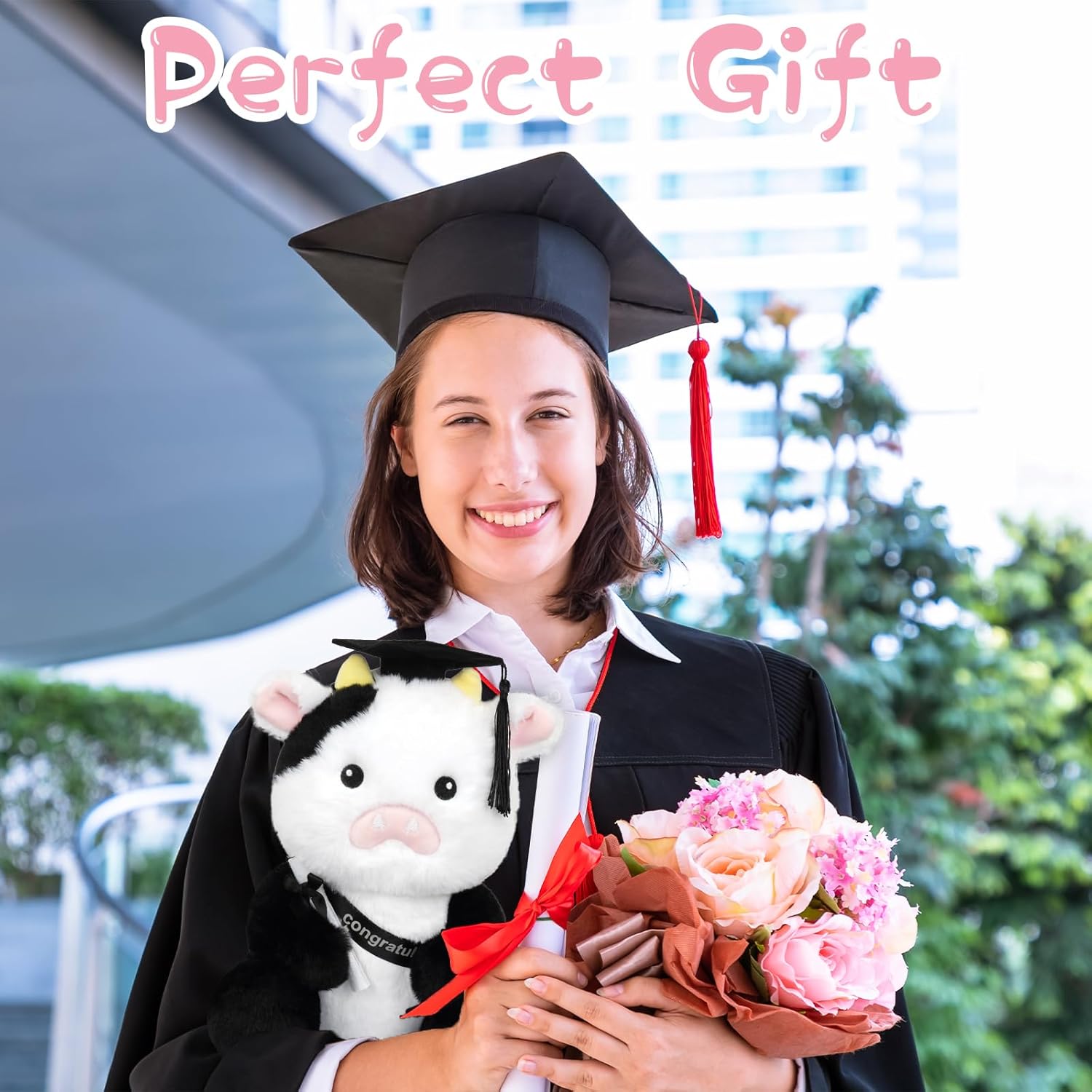 Graduation Cow Plush, 2026 Graduation Stuffed Animal Black White Cow with Cap Diploma Sash, Class of 2026 Gift for Kids Girls Boys Kindergarten to College