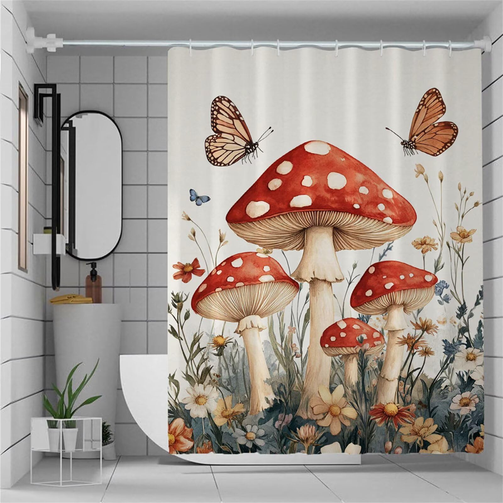 Duschvorhang Pflanzen Duschvorhang 200x240 cm Anti Schimmel Shower Curtains mit 12 Haken Wasserdicht Polyester Stoff Waschbar Schnelltrocknend Badewanne Curtains mit Gewicht Saum, Pilz y-121