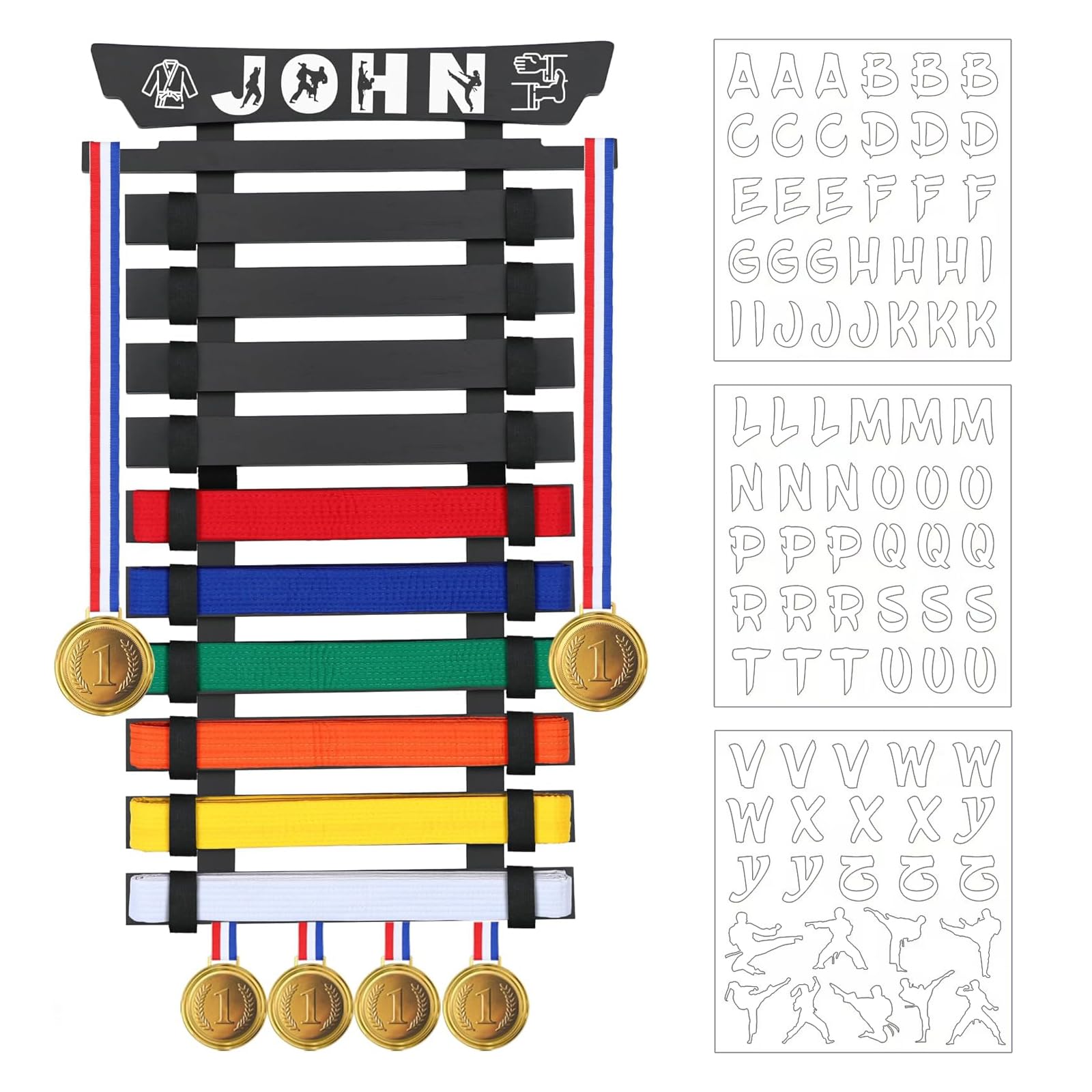 Présentoir de Ceinture de Karaté en Bambou pour 10 Ceintures, avec 3 Autocollants - Support de Ceintures d’Arts Martiaux pour Karaté Taekwondo - Idéal pour Les Apprenants d'arts Martiaux