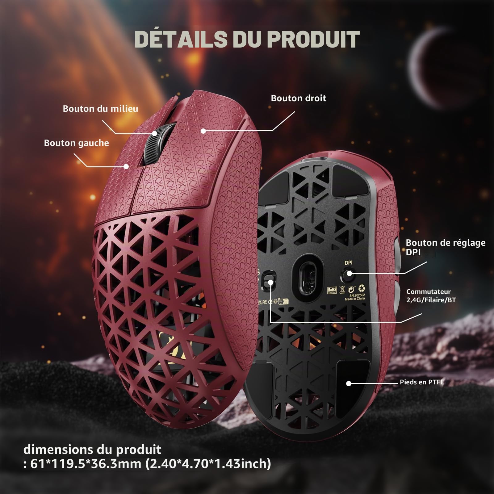 MAMBASNAKE M5 Ultra Souris de Jeu sans Fil en Fibre de Carbone 8000Hz, Jusqu'à 42 000 DPI, Capteur PAW3950 Max, Ultra-légère de 39g, Puce Nordic 52840, 2,4GHz/BT/Filaire, pour PC/Xbox/Mac - Rouge