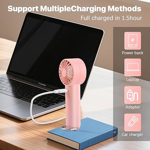 Miniatura 7 de Mini ventilador portátil, pequeño y potente, diseño lindo de 3 velocidades, ventilador personal de mano con soporte de gancho para niños, niñas,