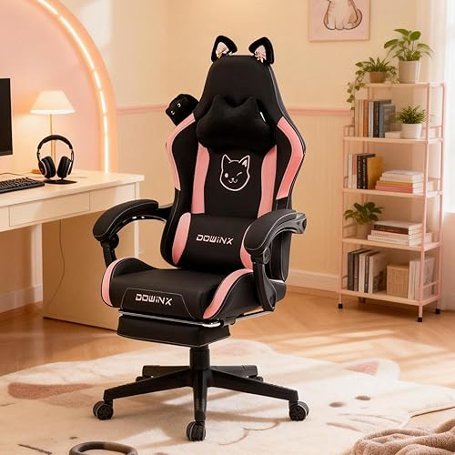 Miniatura 3 de Dowinx Silla de Juego Linda con Orejas de Gato y Soporte Lumbar de Masaje, Silla de Computadora Ergonómica para Niña con Reposapiés y Reposacabezas,