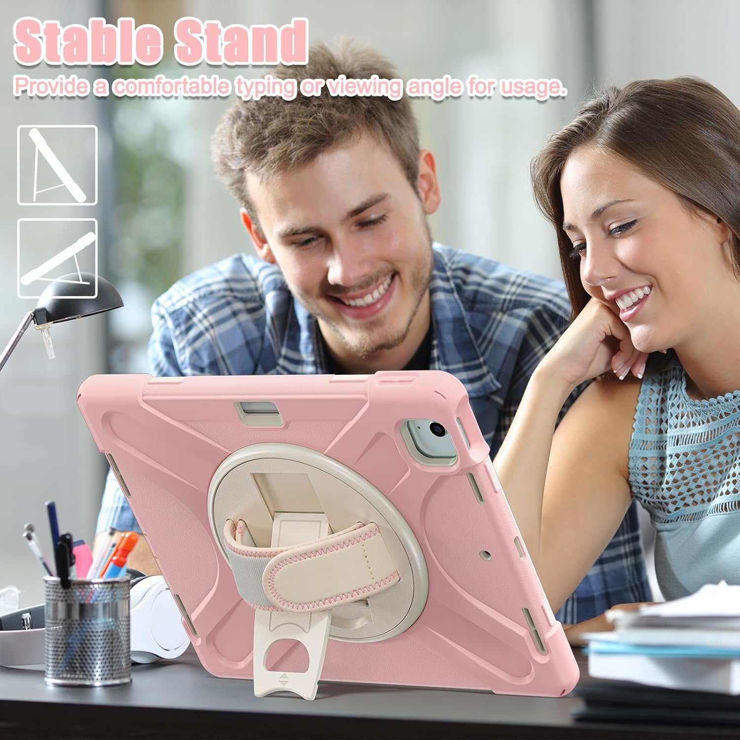 Batianda Case for iPad Air 13 inch 2025 2024 M3/M2 Chip Heavy Duty Rugged Durability Silicone Tablet Cover with 360° Rotating Hand Strap Foldable Hidden Stand & Shoulder Strap, Pink - Image 7