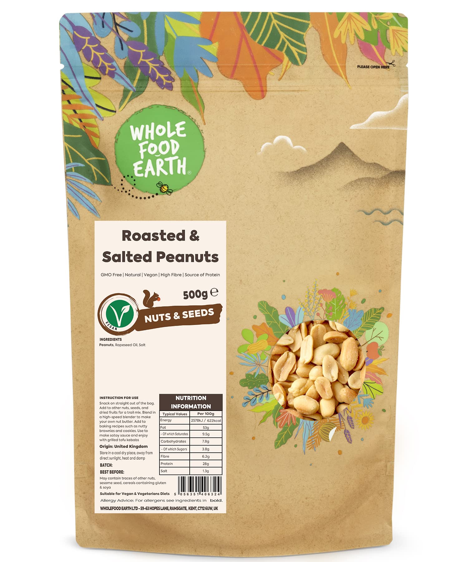 Wholefood Earth Roasted and Salted Peanuts 500 g | GMO Free | Natural | High Fibre | Source of Protein