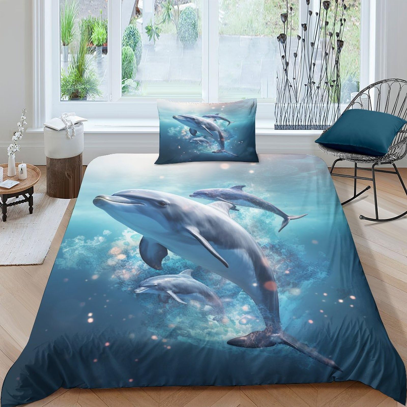 Housse de couette dauphin anti-plis en microfibre pour lit une place 135x200cm sans repassage