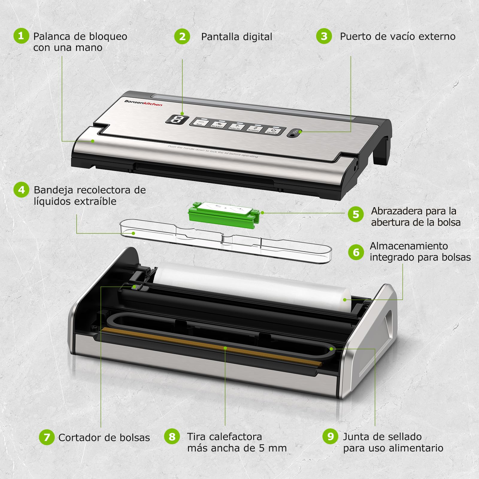 Bonsenkitchen Envasadora al Vacío, Sellado Ancho 5mm Antifugas, Acero Inoxidable, Una Mano & Pulse Seco/Húmedo, Envasadora al Vacío de Alto Rendimiento incl. 1 Rollo & 10 Bolsas, VS4200