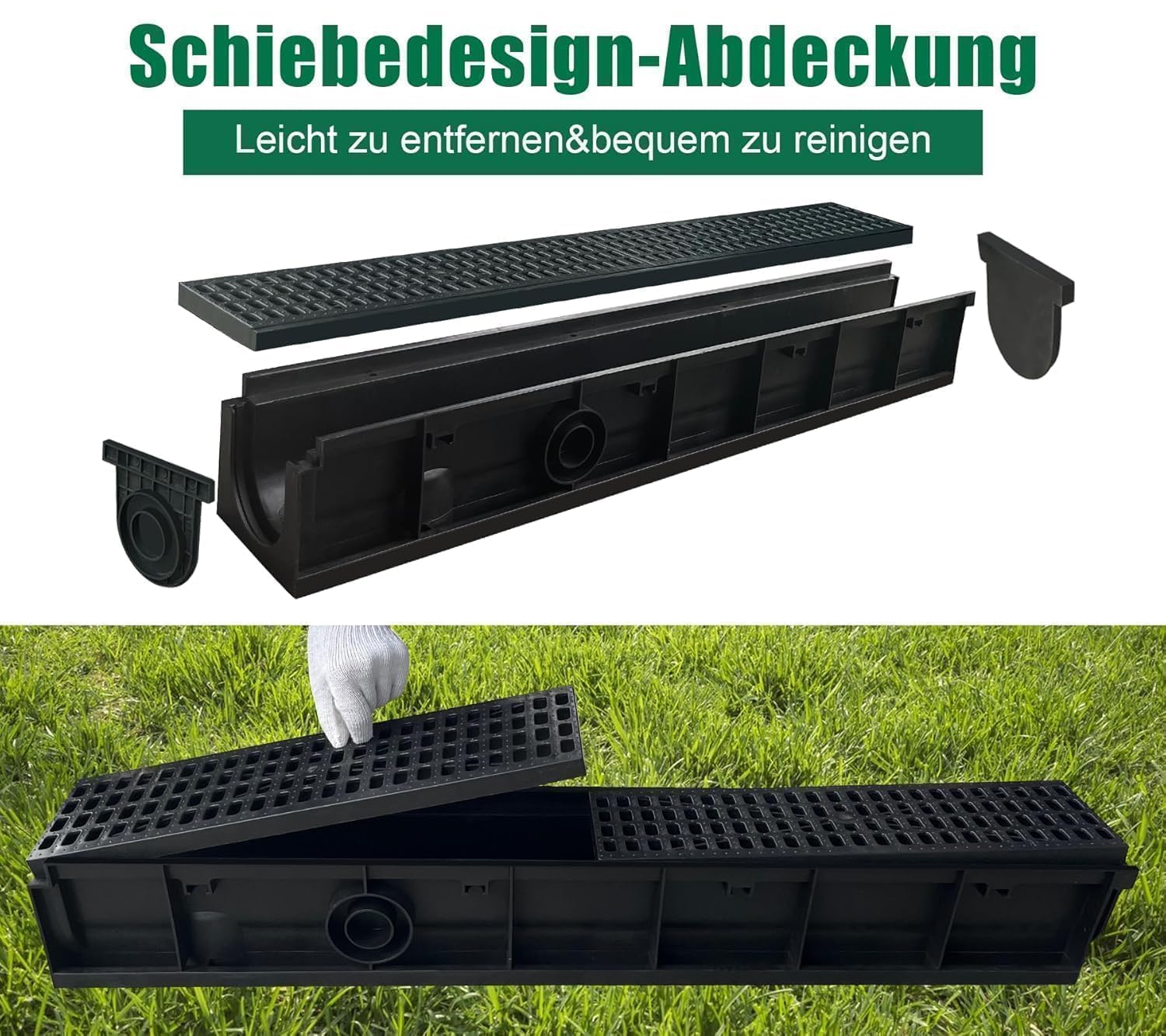 Zestaw 3: 100x100x1000 mm Zewnętrzna rynna drenażowa z kratką HDPE, A15 rynna z HDPE czarna, do podjazdu, ogrodu, tarasu, garażu