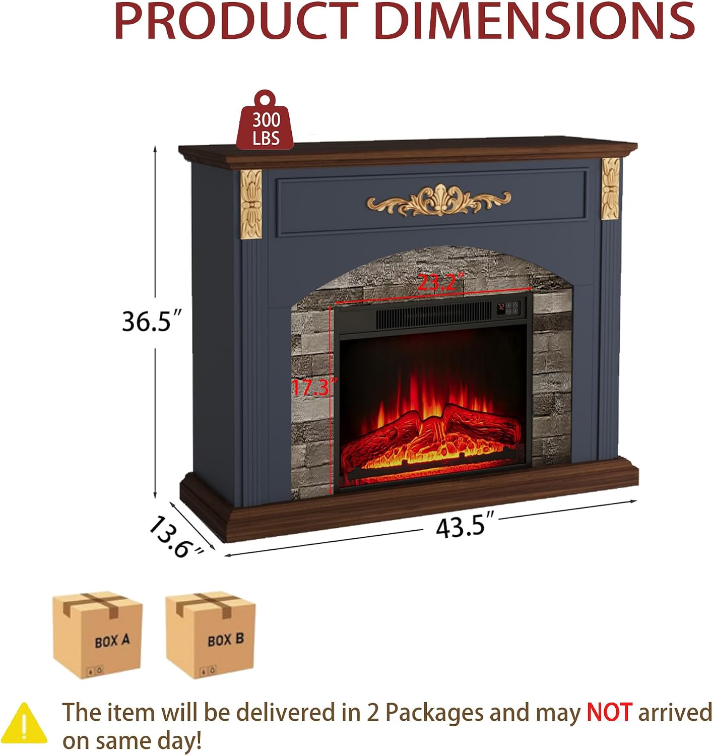 44" Electric Fireplace with Mantel,23" Fireplace Insert Heater with Remote and Touch Control, Indoor Decorative Fireplace with Gold Carved Accents（Blue）
