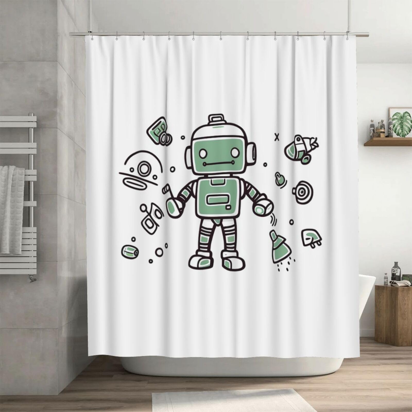 Rideau de douche imperméable robot 182x182 cm avec 12 crochets