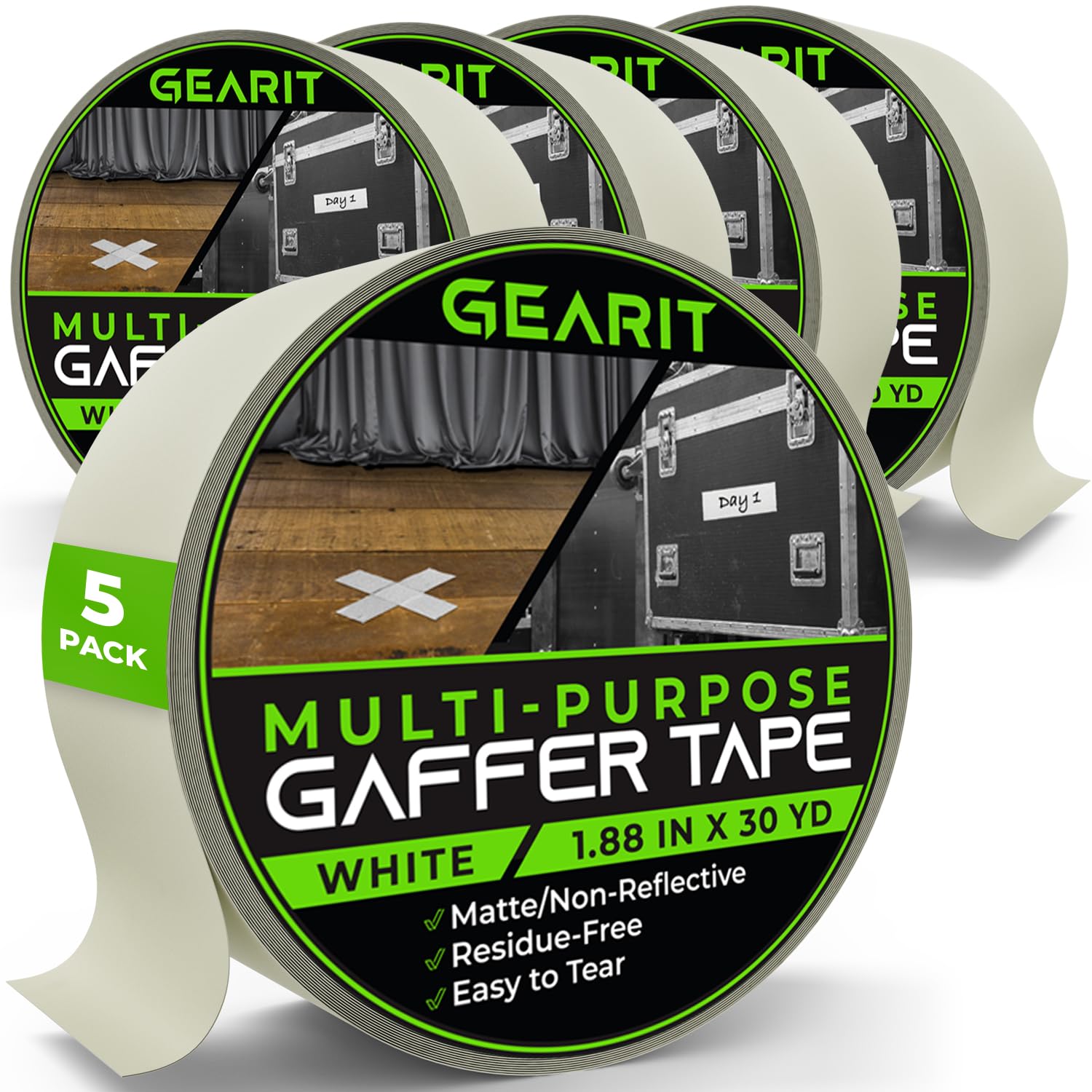 GEARit Gaffer Tape (5-Pack, 1.88in, 30yd Each) — White Gaffers Tape, Heavy-Duty Waterproof, Easy to Tear by Hand, Multipurpose Gaff, Non-Reflective (Matte - 2 Inch, 5 Roll, 90 Feet)