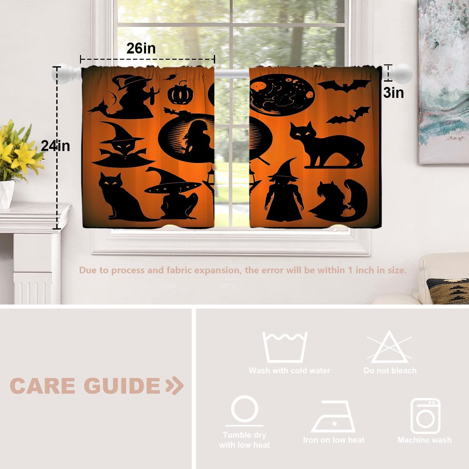 Shrahala Halloween Black Cat Silhouette Tier Curtains for Kitchen Windows, Witch Pumpkin Lantern Window Curtain Panels Multilayer Polyester Blackout for Living Room Bathroom 2 Pack 26 x 24 in