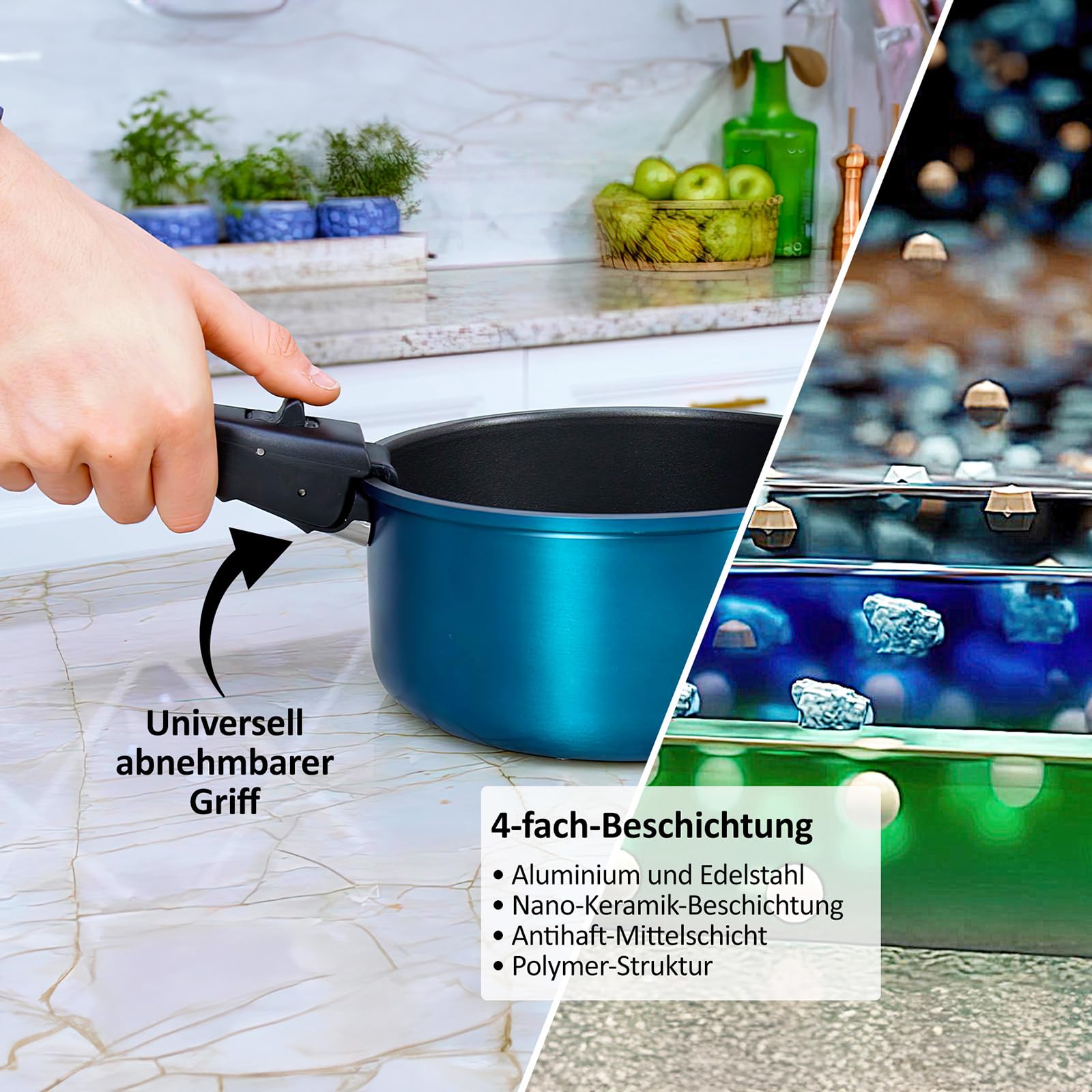Kochgeschirr Kelton 3 in 1 mit Pfannen, Töpfe, Deckel und Gemüseschneider 27 tlg., Kochgeschirr mit Pfannen und Kochtöpfen mit Antihaft Beschschichtung, PFOA & PTFE-frei, abnehmbarer Griff
