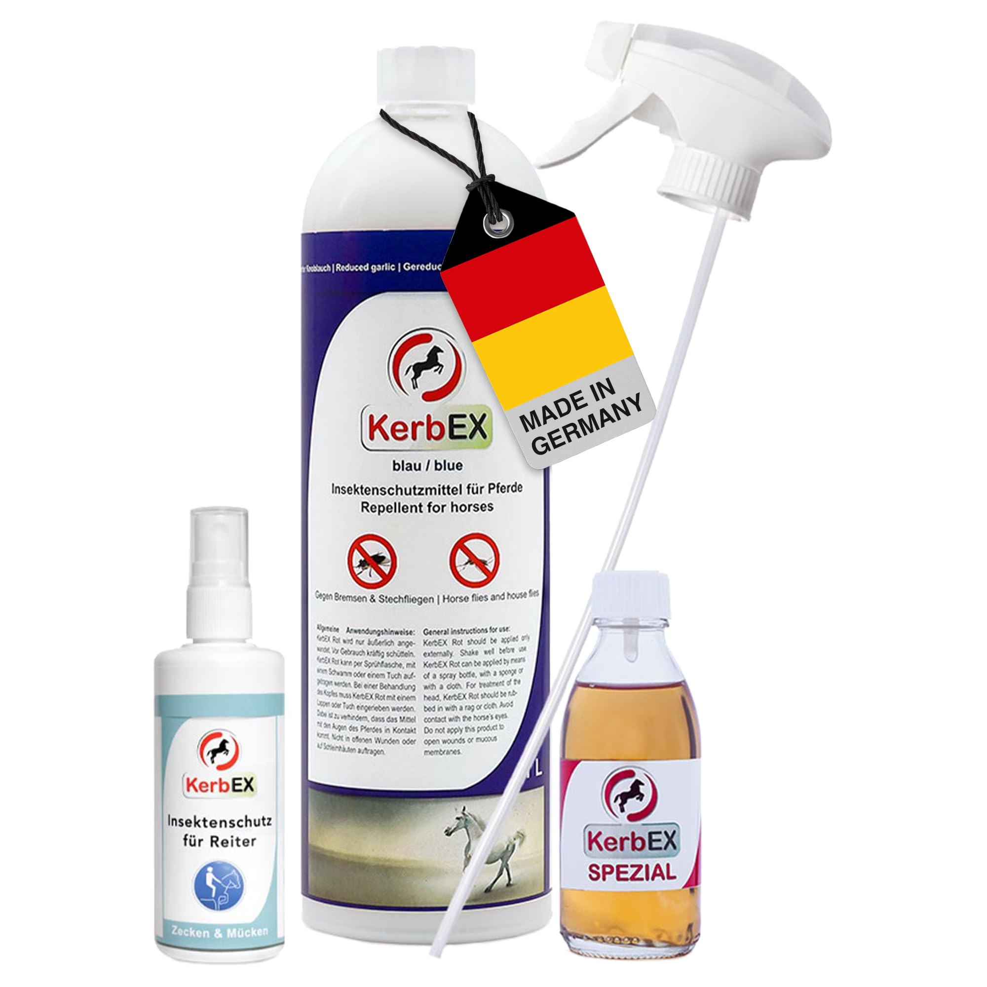 KerbEx Kombiset Blau Insektenabwehrmittel für Pferde bei starkem Insektenbefall - inkl. 1L Sprühflasche, 100 ml Spezialöl, Insektenschutz für Reiter – Made in Germany