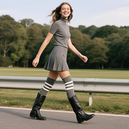 Miniatura 17 de Zando Paquete de 6 calcetines de algodón para mujer, por encima de la rodilla, calcetines a rayas para botas y calentadores de piernas para uso 6