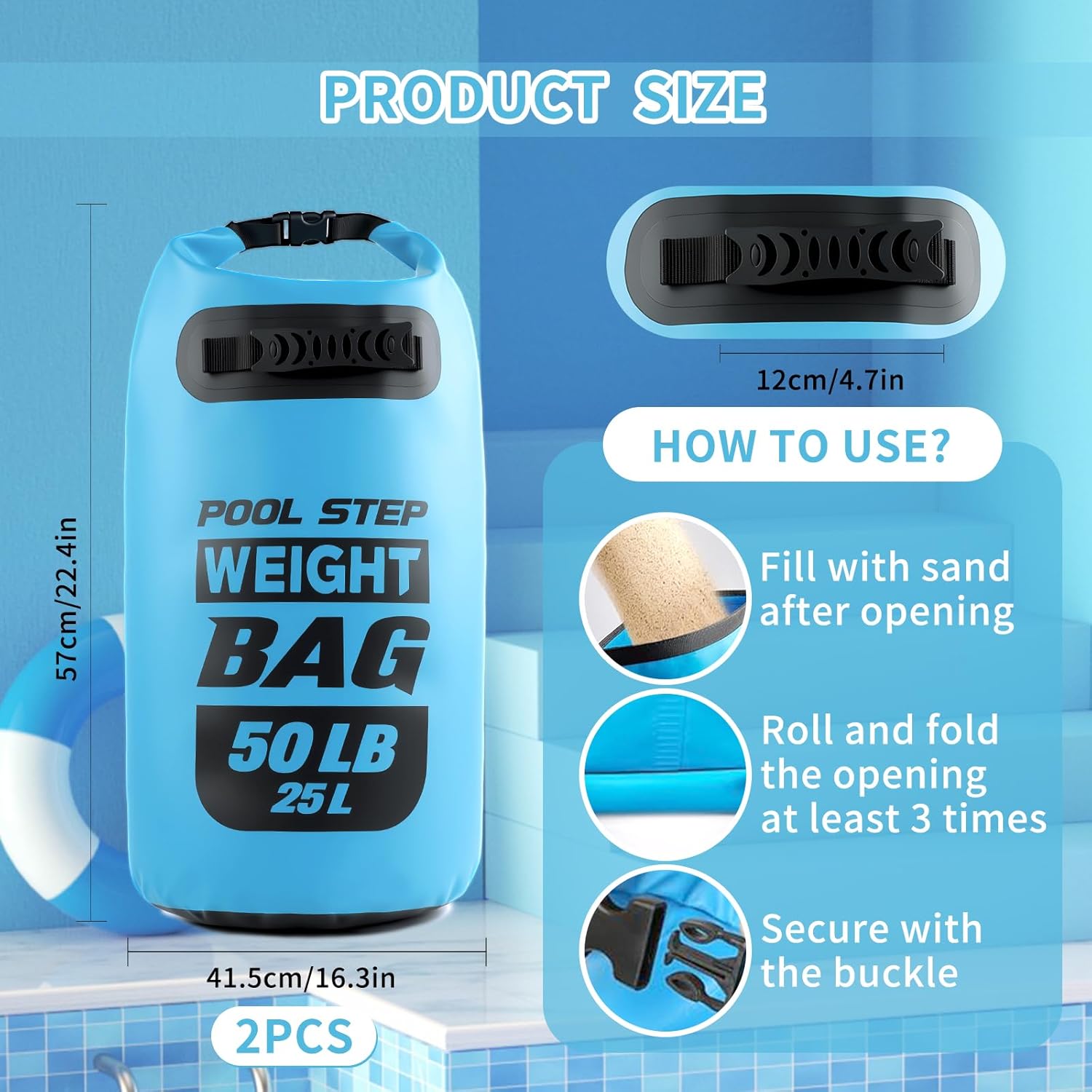 2 Pack Heavy Duty Pool Ladder Weights, 50lb Pool Step Weights, 500D PVC Waterproof Foldable Universal Sand Bags Step Anchors with Handles for Above Ground Swimming Pools Stairs, Blue - Image 2