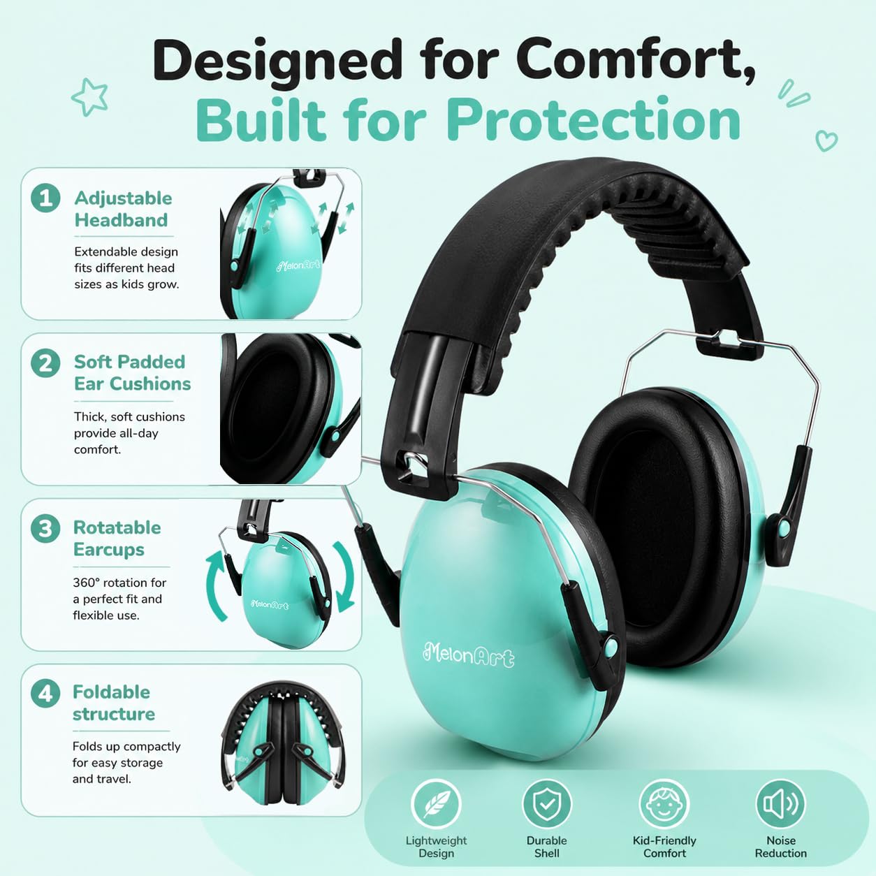 MelonArt Paquete de 3 orejeras de protección auditiva para niños, protección auditiva de seguridad, reducción de ruido, ajuste para autismo, sensorial, niños y niñas (menta, rosa, naranja)