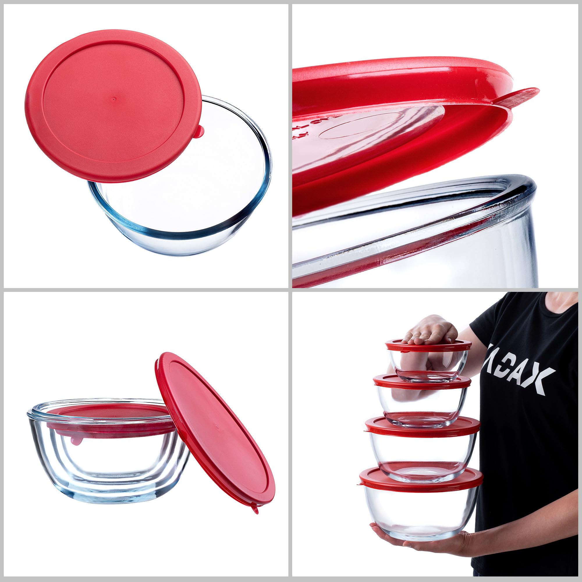 KADAX Juego de 4 cuencos de cristal con tapa, para mezclar, para hornear, alimentos, cocinar, preparar, recipientes redondos para alimentos, 0,5 – 2 L, recipiente de cristal, apto para lavavajillas