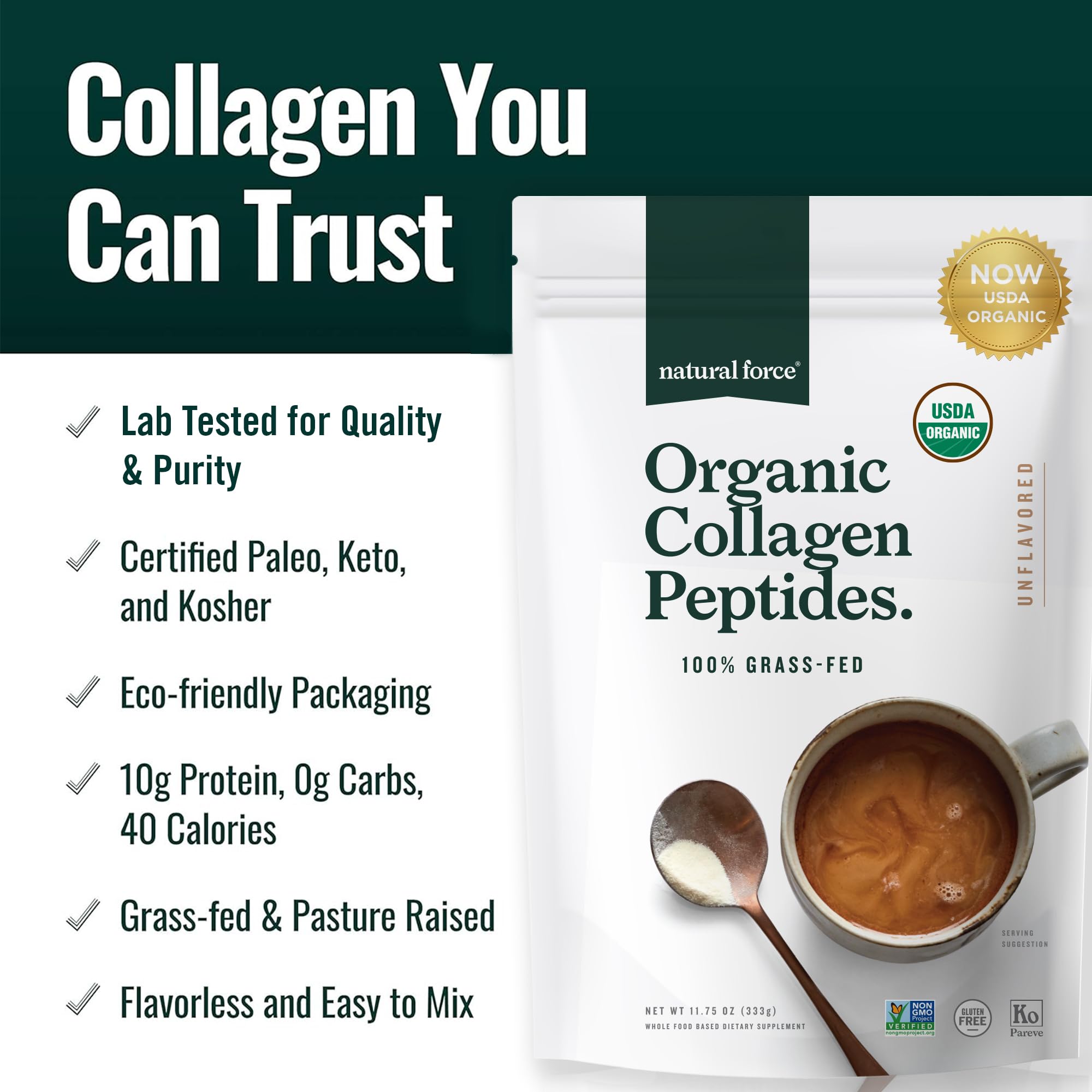 Natural Force Organic Clean Collagen Peptides Powder - USDA Certified Organic & Non-GMO, Keto & Paleo Certified - Hydrolyzed Type I & III Protein Powder with Essential Amino Acids – Unflavored, 10.7oz — Amazon image 5