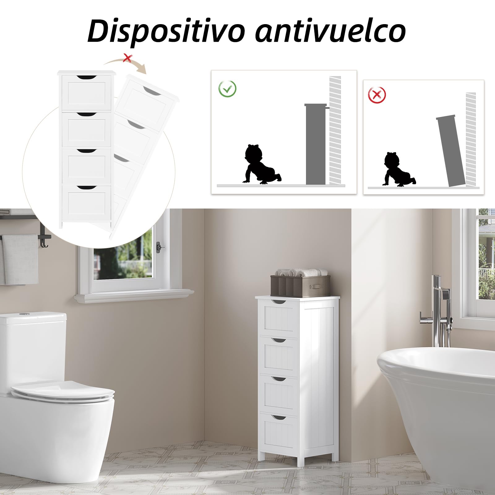 eSituro Armario de Suelo para Baño Auxiliar Pequeño Mueble Organizador de Cajones Laterales con 4 Cestas MDF Blanco 28 x 29 x 82 cm