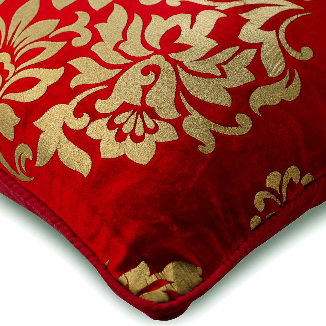 Fabric Mart Direct Pillow Case Zip, Red Shams, Floral Printed Velvet Pillow Sham, 24x24 inch (60x60 cm) Shams, Square Velvet Shams, Floral Pillow Shams, Contemporary Style, Damask - Gold Charming