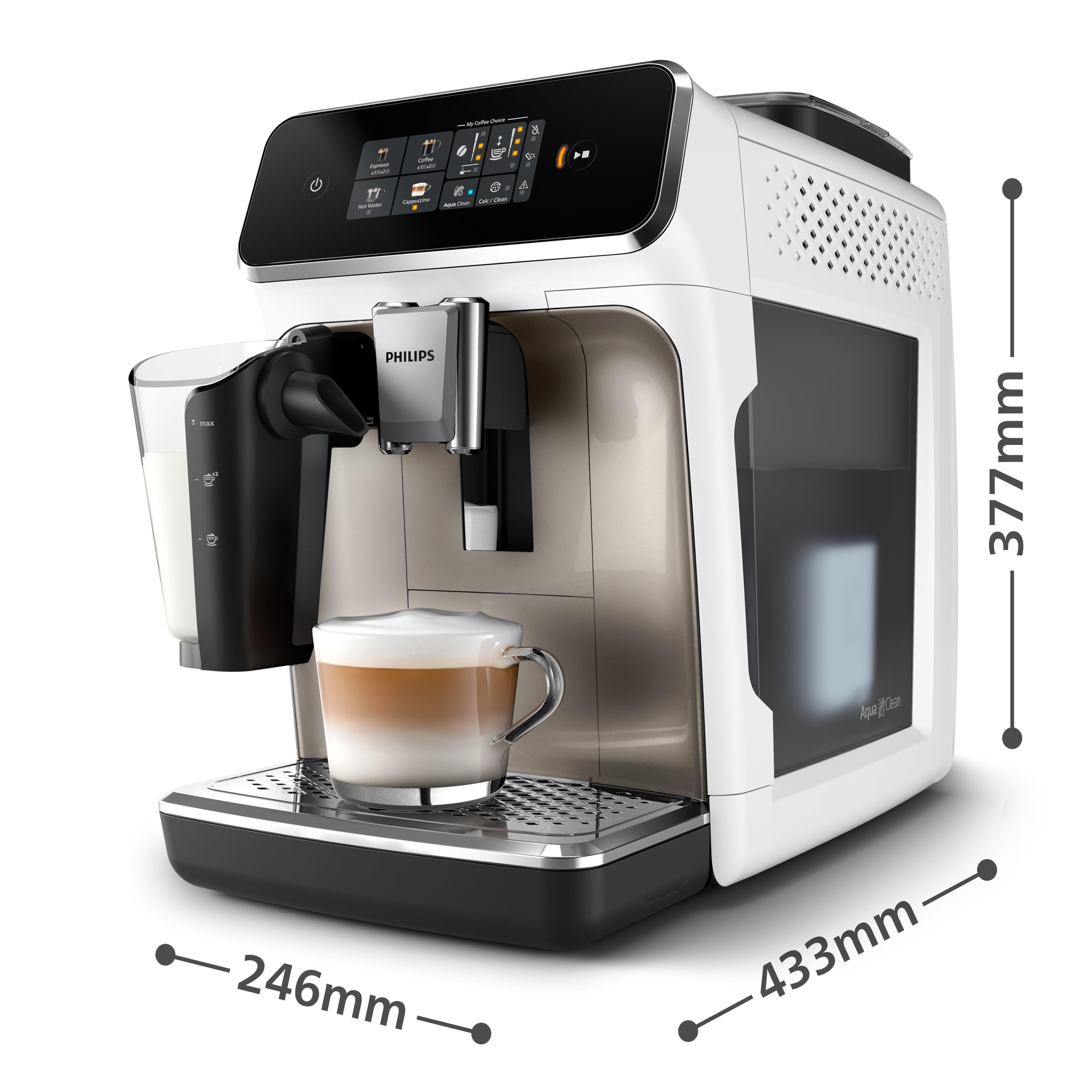 PHILIPS Macchina da caffè espresso automatica Serie 2300-4 bevande, Display touch screen a colori, Sistema LatteGo, SilentBrew, Macinacaffè in ceramica, Filtro AquaClean. Bianco cromo (EP2333/40)