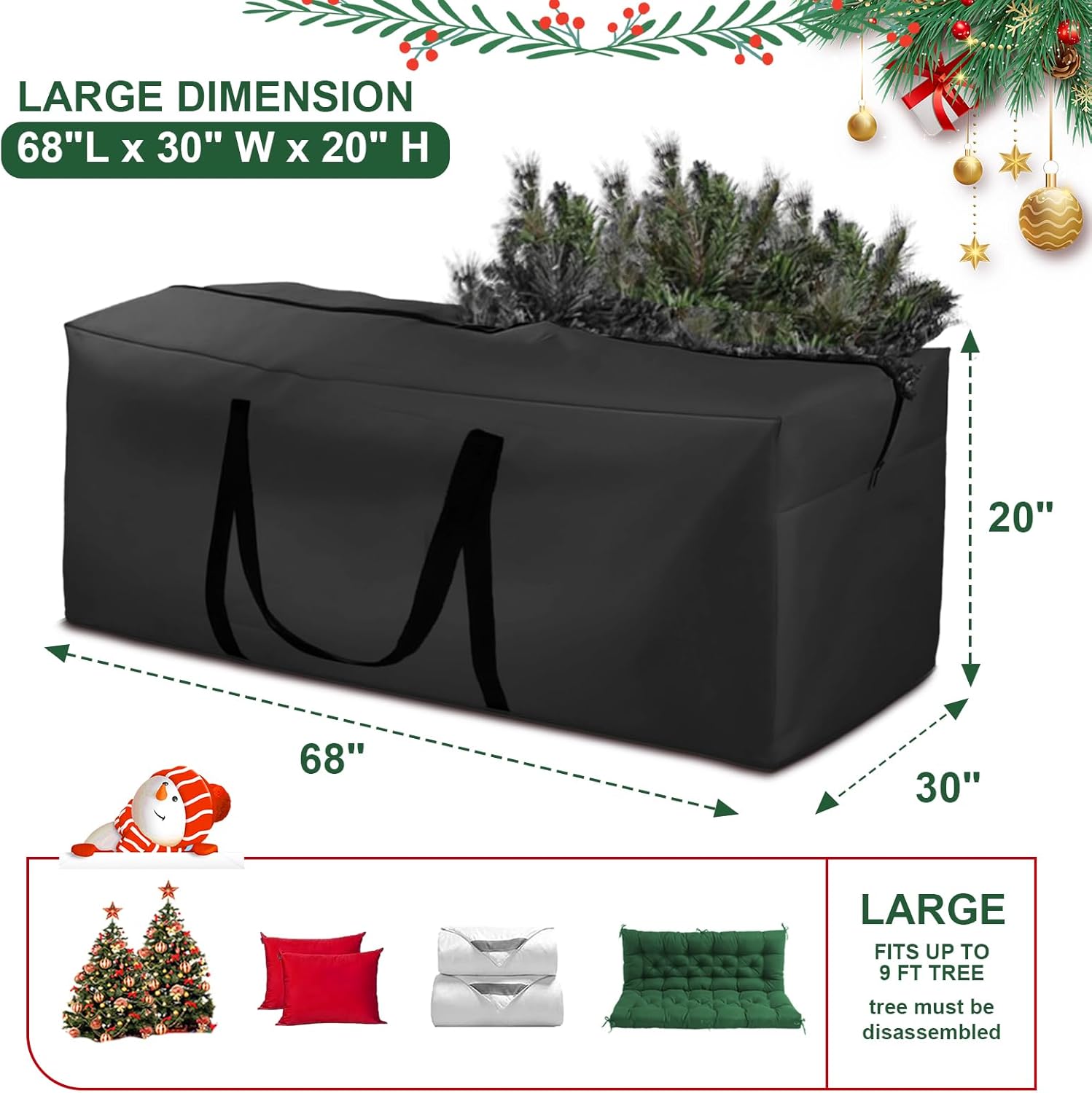 Cushion Storage Bag 420D Waterproof 68" Rectangular Outdoor Patio Cushion Storage Bags — Outdoor Cushions Storage Bag with Zipper and Handles Extra Large Storage Bags 68" L x 29" H x 20" W Black