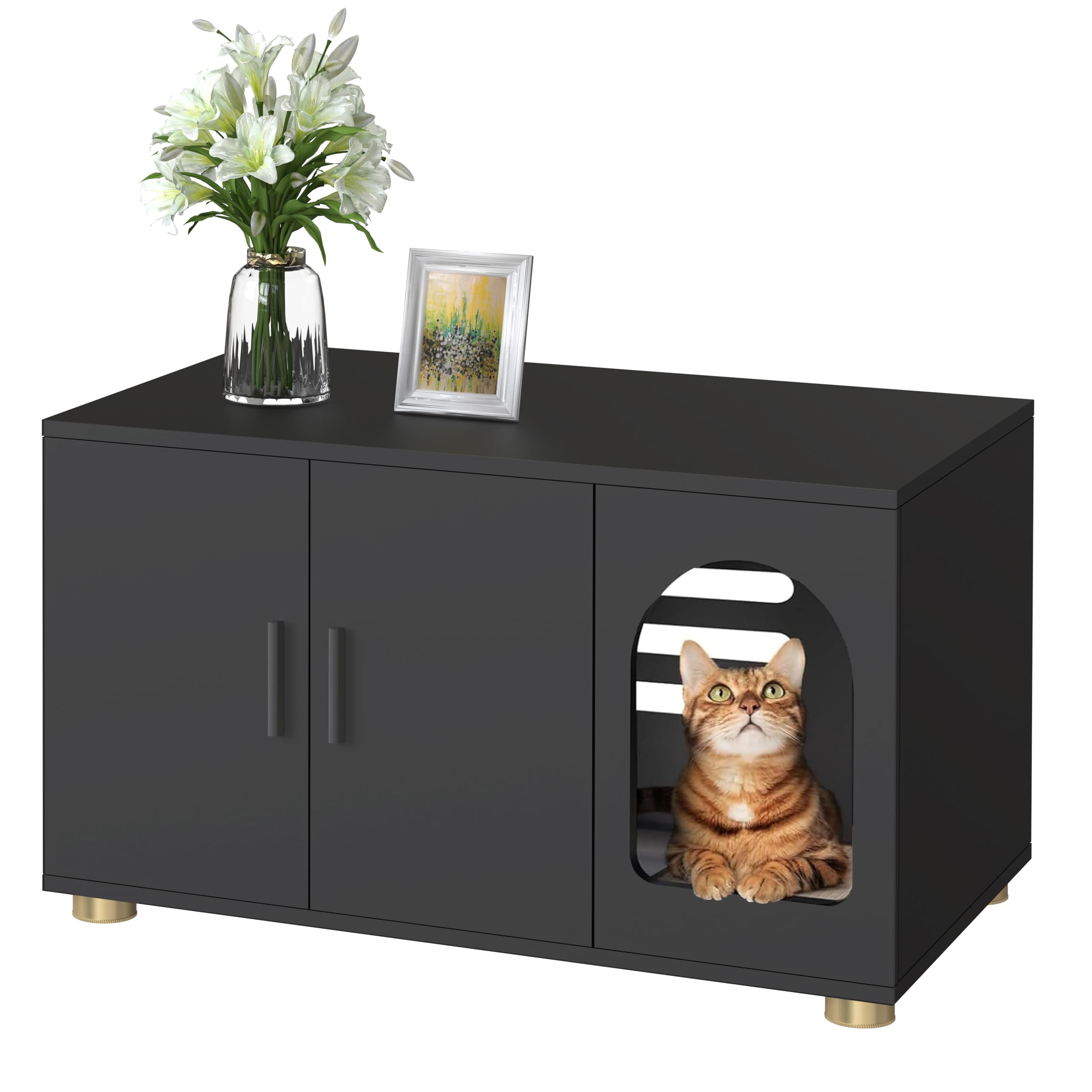 Cat Litter Box Enclosure Furniture, Modern Stackable Litter Box Cabinet with Cat Scratch Mat, Side Table (Black)