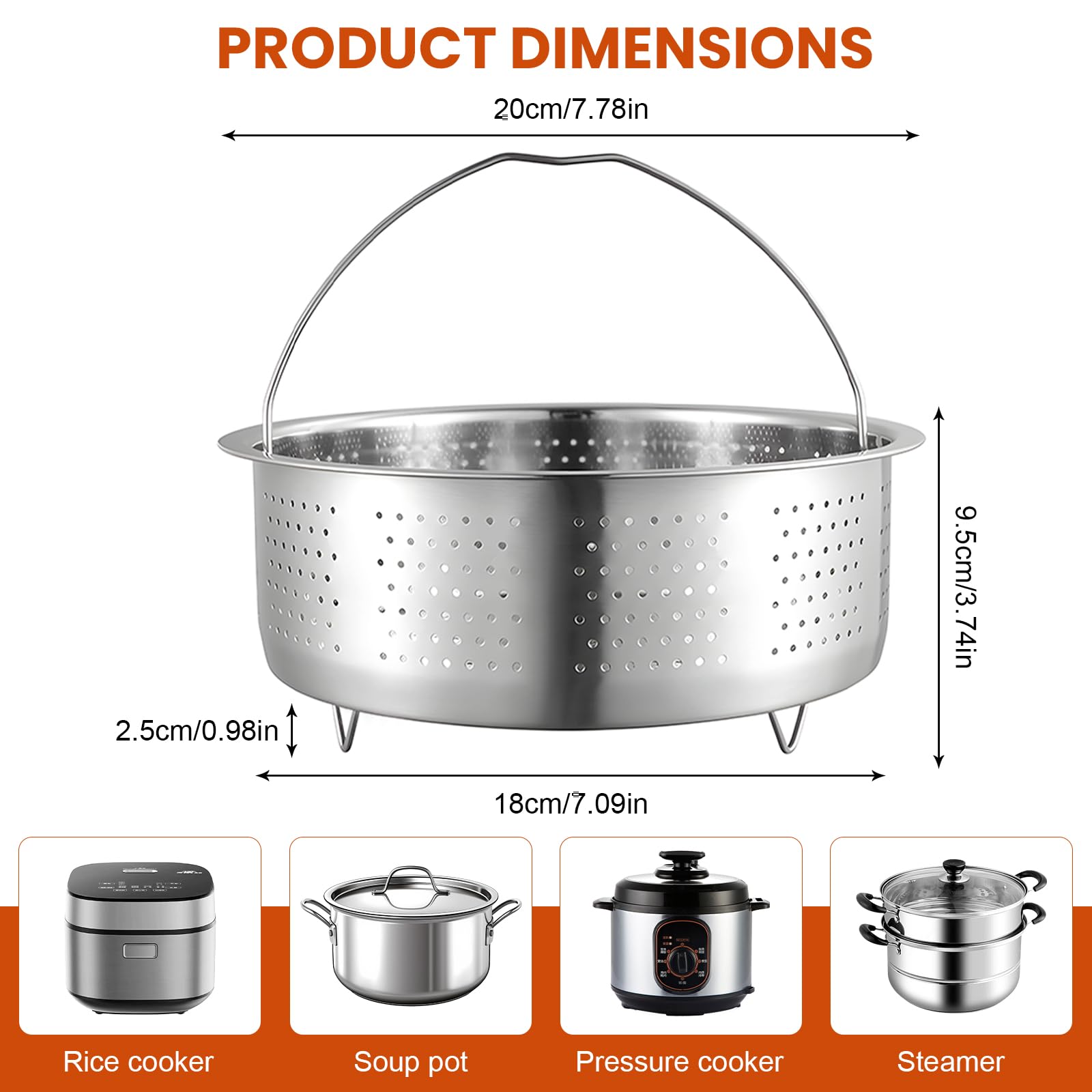 Panier Vapeur en Acier Inoxydable 304, Insert Vapeur pour Casserole, Panier Vapeur De 20 CM pour Casseroles, Casseroles, Autocuiseurs, Vapeur De Légumes, Fruits, Œufs Argentés