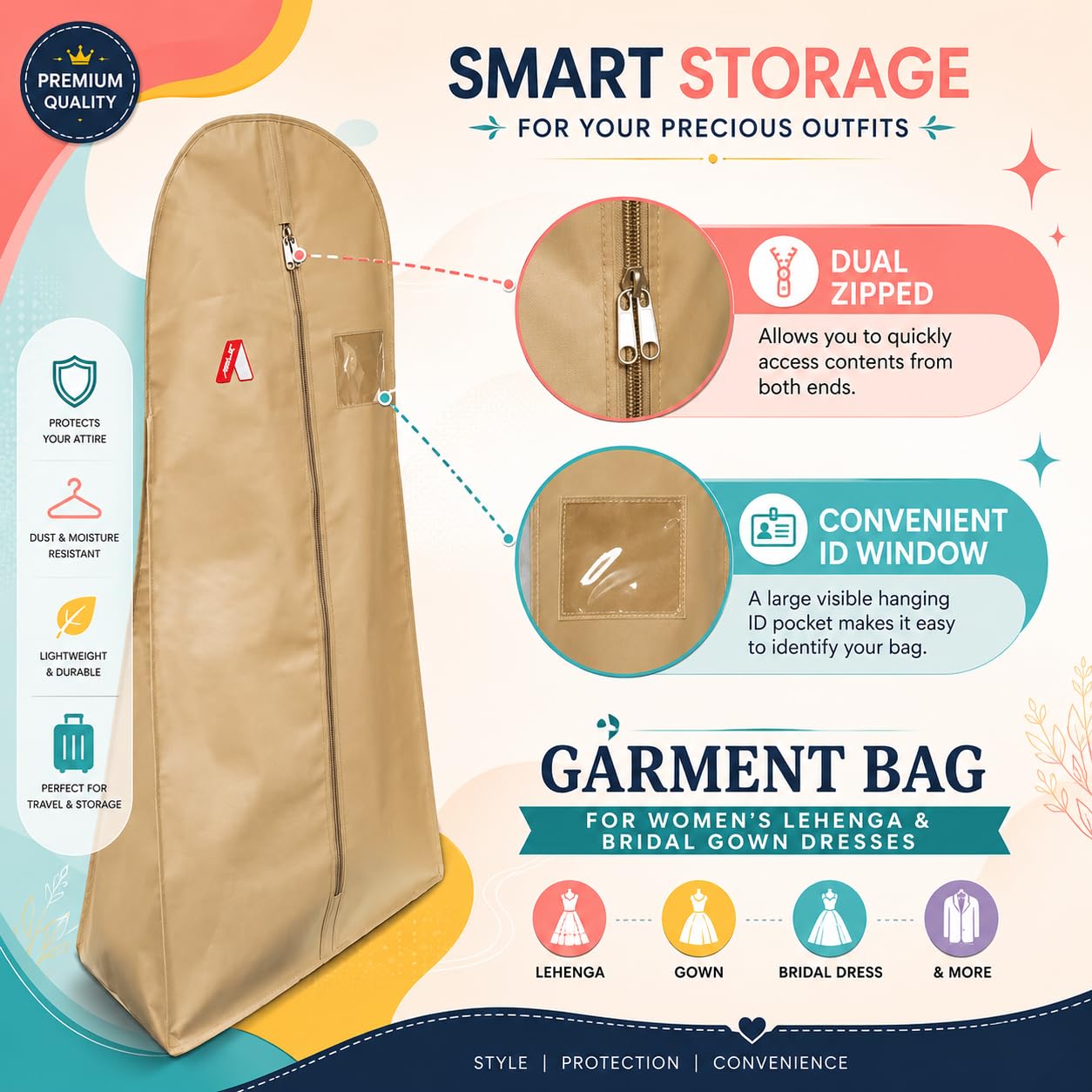 ABLE 62 Inch Wedding & Lehenga Dress Cover Garment Bag with 14 Inch Gusset, Breathable, Dust Protector, for Extra Wide Dress. Navy Blue Non-Woven Fabric Pack of 1 Pcs 2