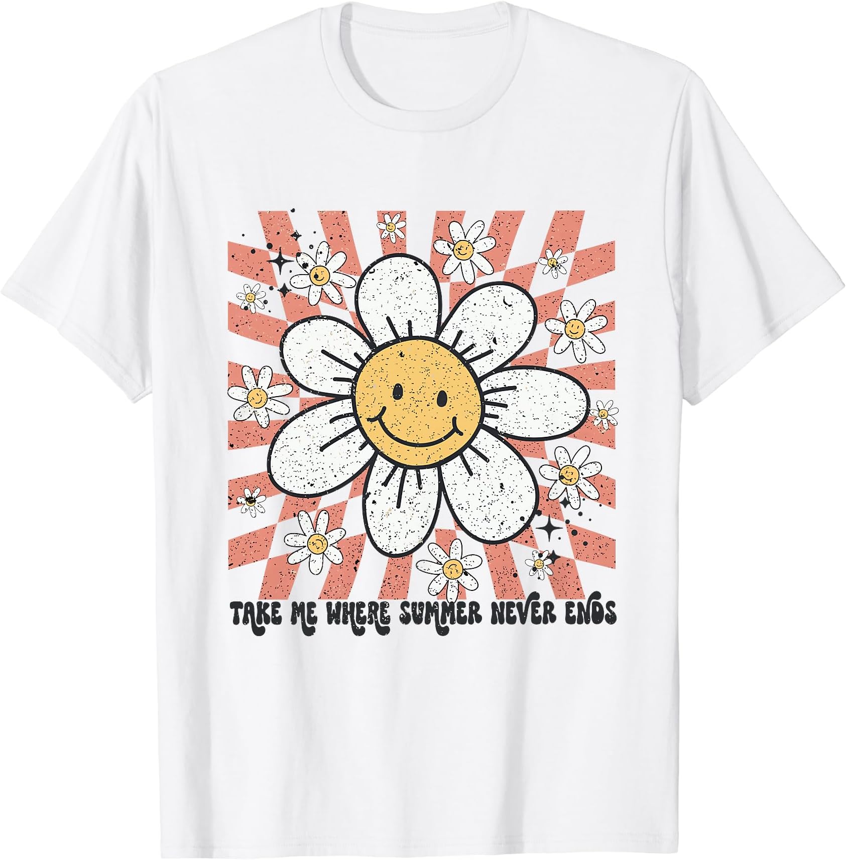 Take Me Where Summer Never EndSmile Face Daisy Retro 70s T-Shirt