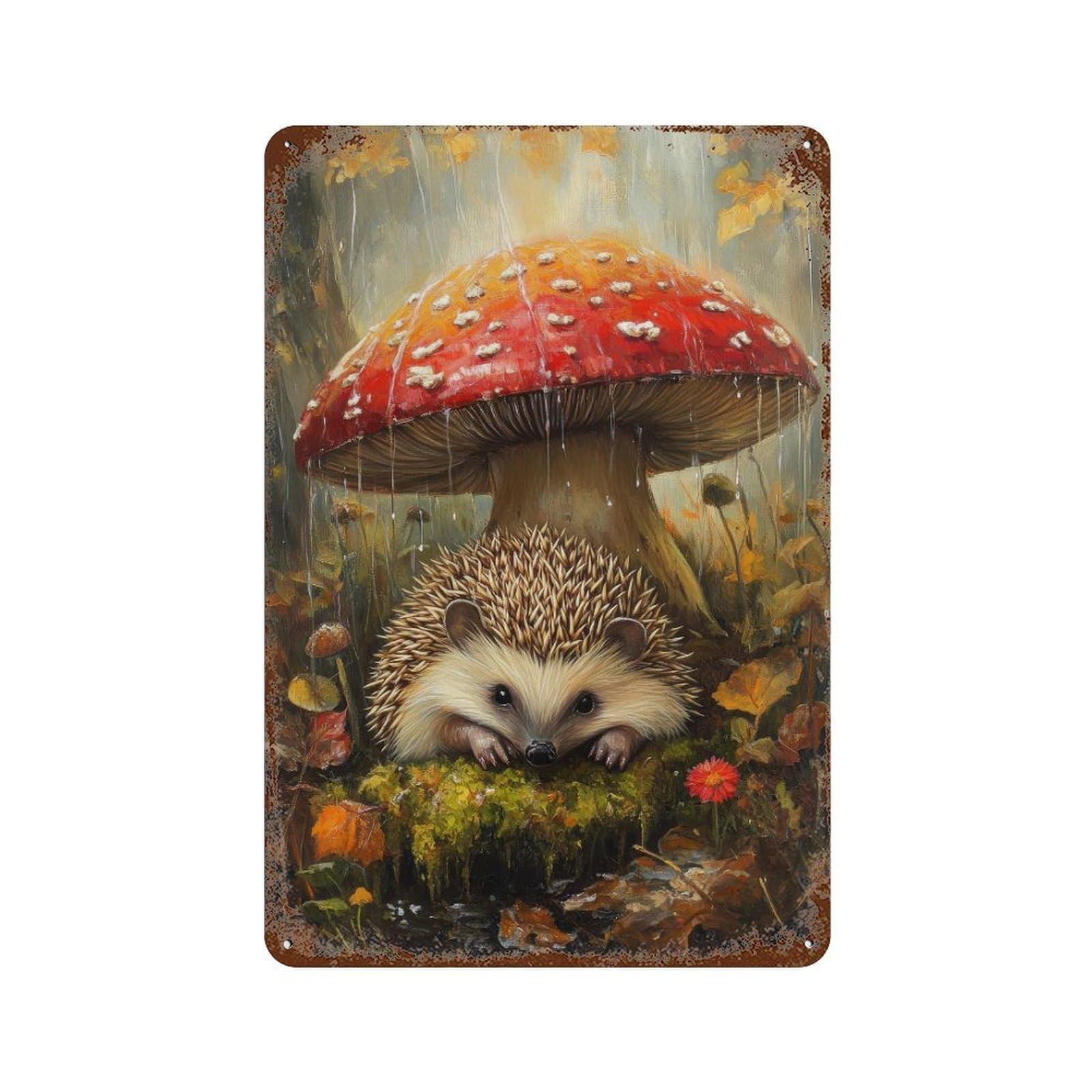 Hedgehog Under Mushroom Cottagecore Decor Dark Academia Enchanted Illustration Vintage Woodland Rustic Aesthetic Wall Decor Art Metal Tin Poster Modern Home Decor Art Home Bar Shop Decorations Vintag