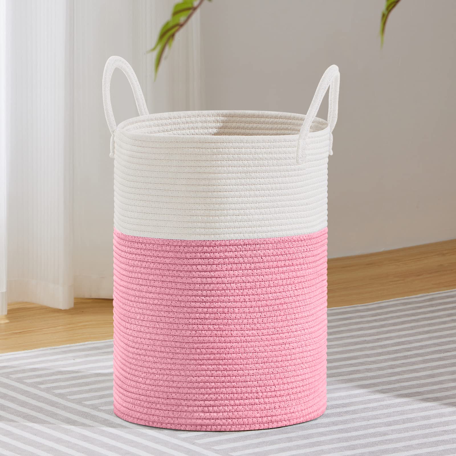 VIPOSCO Large Laundry Hamper, Tall Woven Rope Storage Basket for Blanket, Toys, Dirty Clothes in Living Room, Bathroom, Bedroom - 58L Pink & White