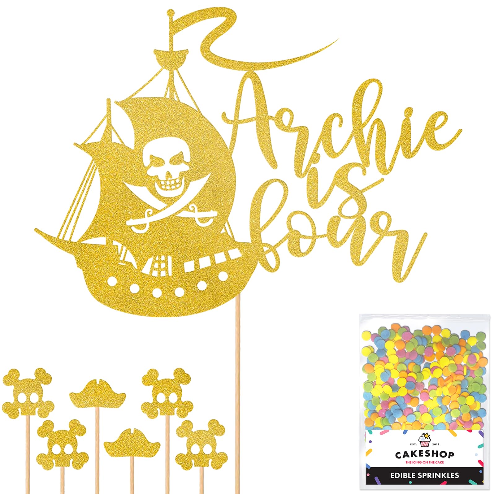 Personalised Birthday Pirate Ship Glitter Cake Topper- Gold Any Custom Age & Name Glitter Cake Decoration and Sprinkles - Happy Birthday Decorations - Personalised Toppers for Cakes by Cakeshop — image 1