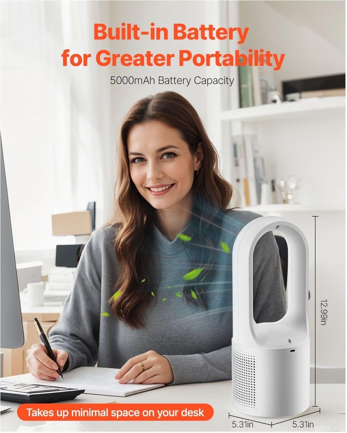 Desk Fan Bladeless, 12.99 Inch Portable USB Fan, 6-Speed Rechargeable Tower Fan