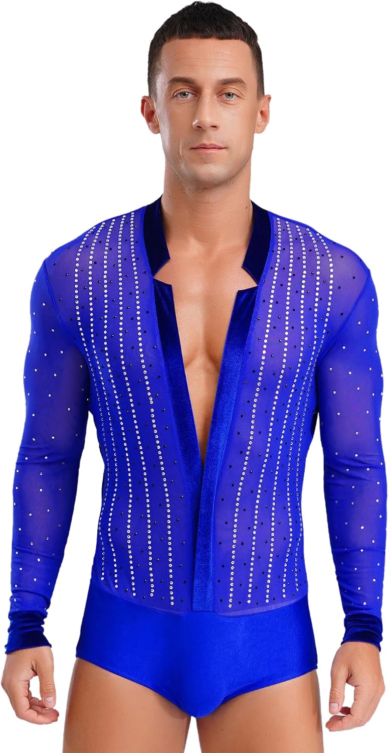 Hularka Men's Deep V Collar Lyrical Latin Dance Leotard Rhinestone Rumba Ballroom Unitard Mesh Sequin Bodysuit